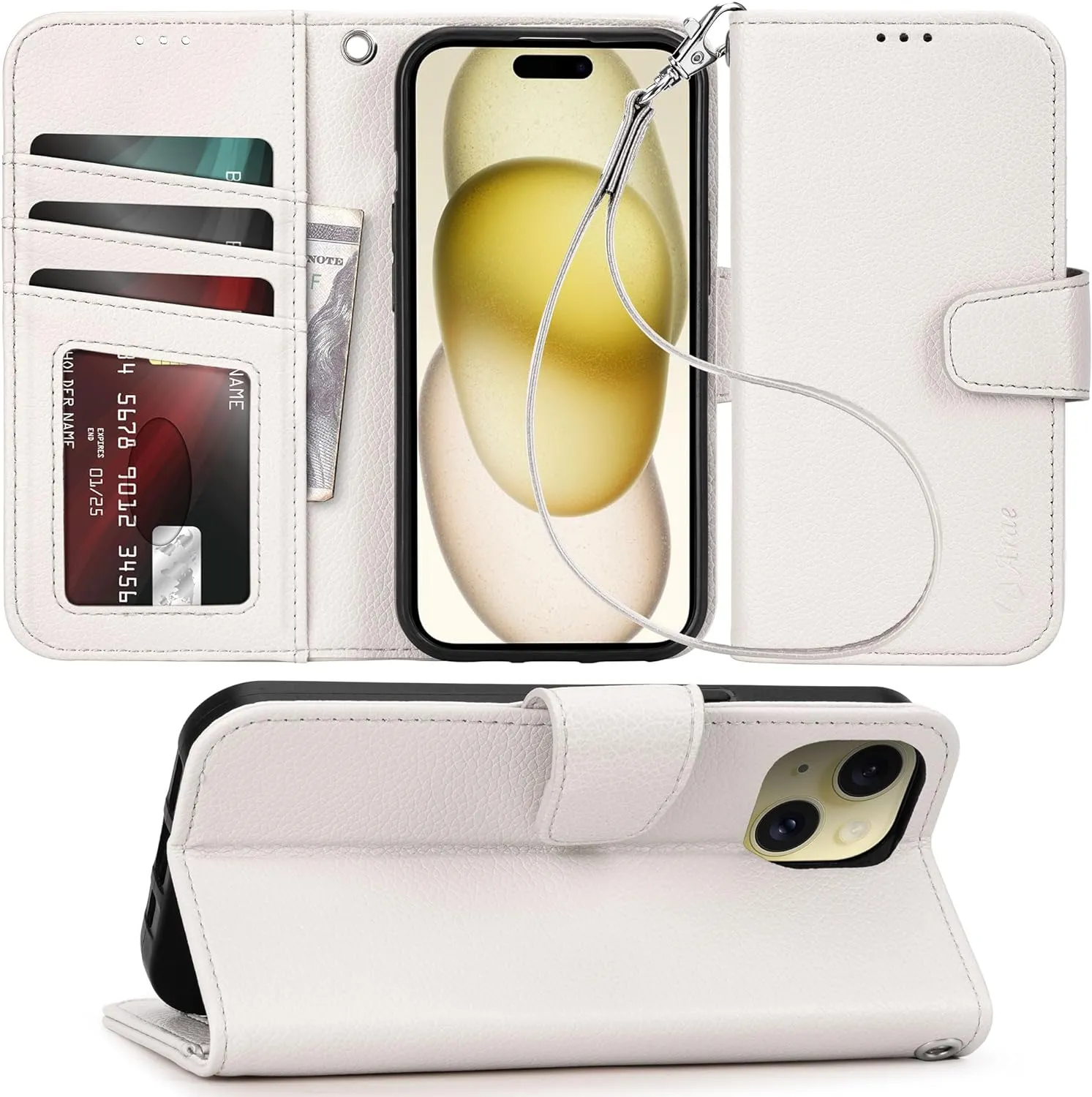 iPhone 15 Plus Case Card Holder  Wrist Strap Wallet Flip Cover