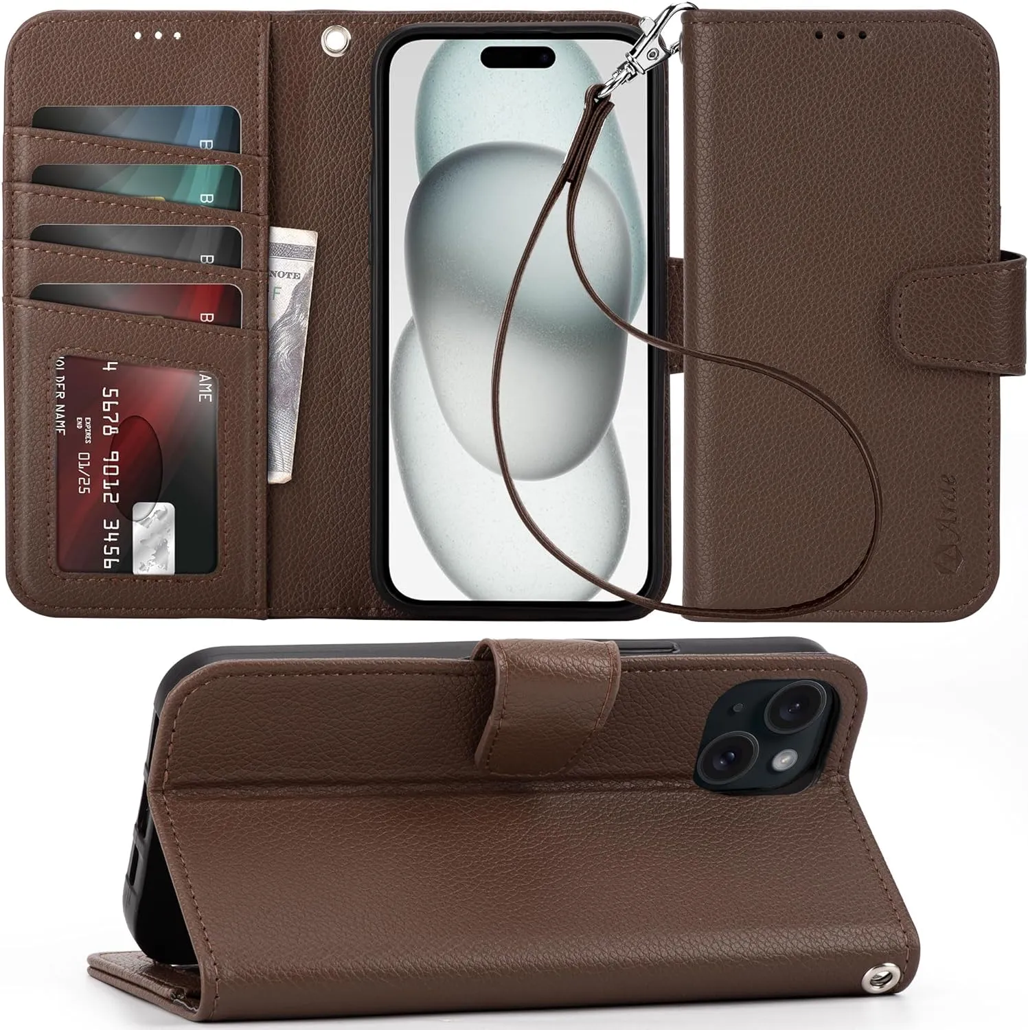 iPhone 15 Plus Case Card Holder  Wrist Strap Wallet Flip Cover