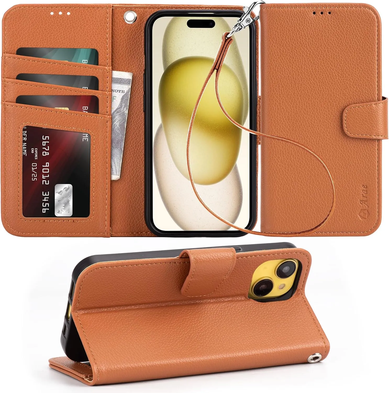 iPhone 15 Plus Case Card Holder  Wrist Strap Wallet Flip Cover