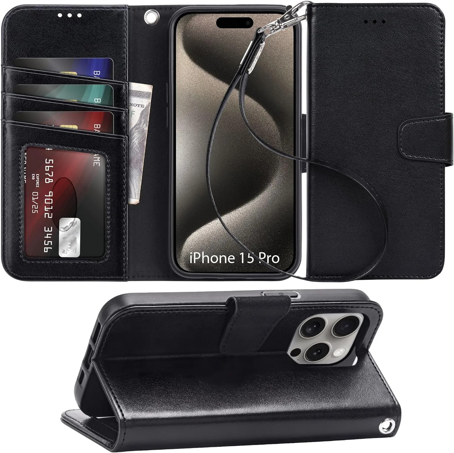 iPhone 15 Plus Case Card Holder  Wrist Strap Wallet Flip Cover