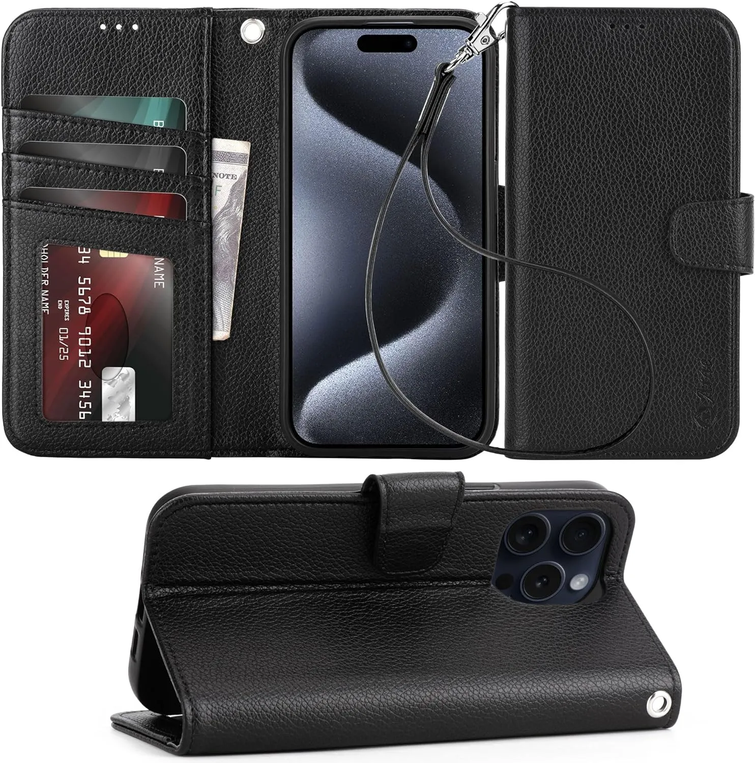 iPhone 15 Plus Case Card Holder  Wrist Strap Wallet Flip Cover