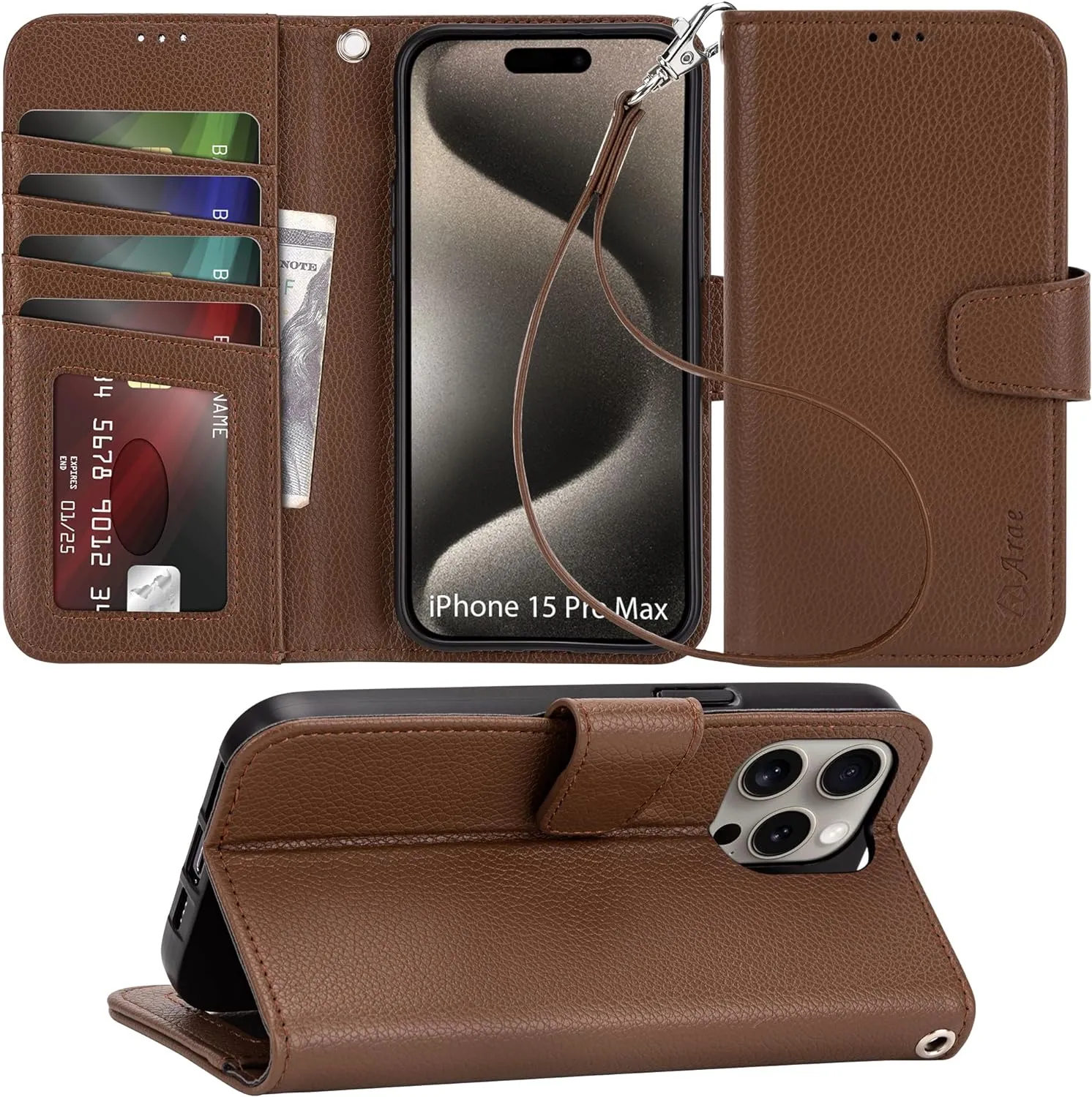 iPhone 15 Plus Case Card Holder  Wrist Strap Wallet Flip Cover