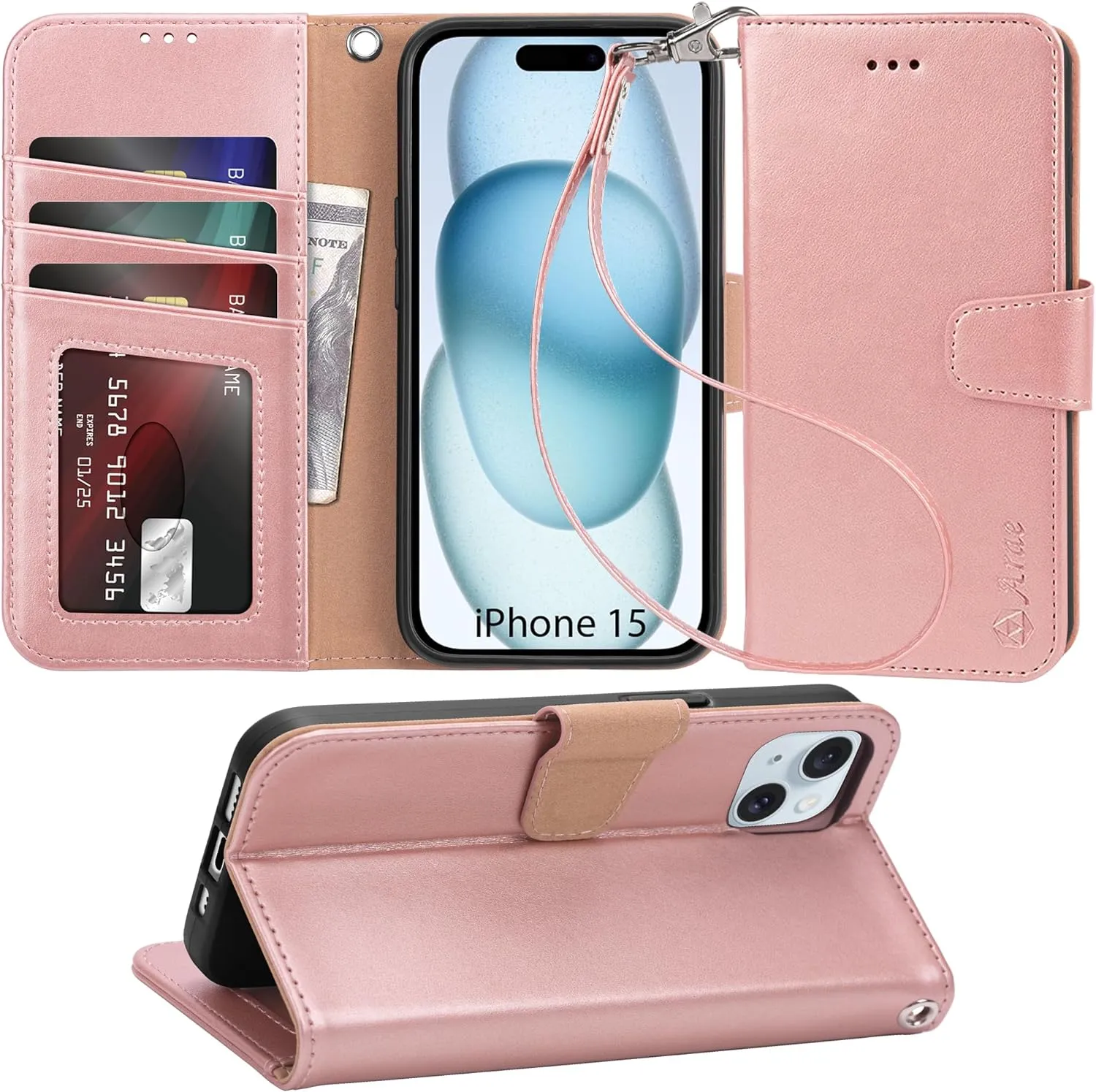 iPhone 15 Plus Case Card Holder  Wrist Strap Wallet Flip Cover