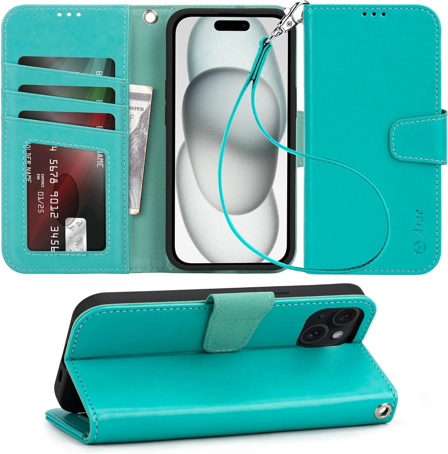 iPhone 15 Plus Case Card Holder  Wrist Strap Wallet Flip Cover