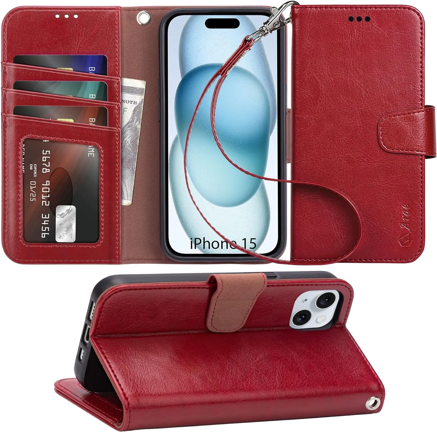 iPhone 15 Plus Case Card Holder  Wrist Strap Wallet Flip Cover