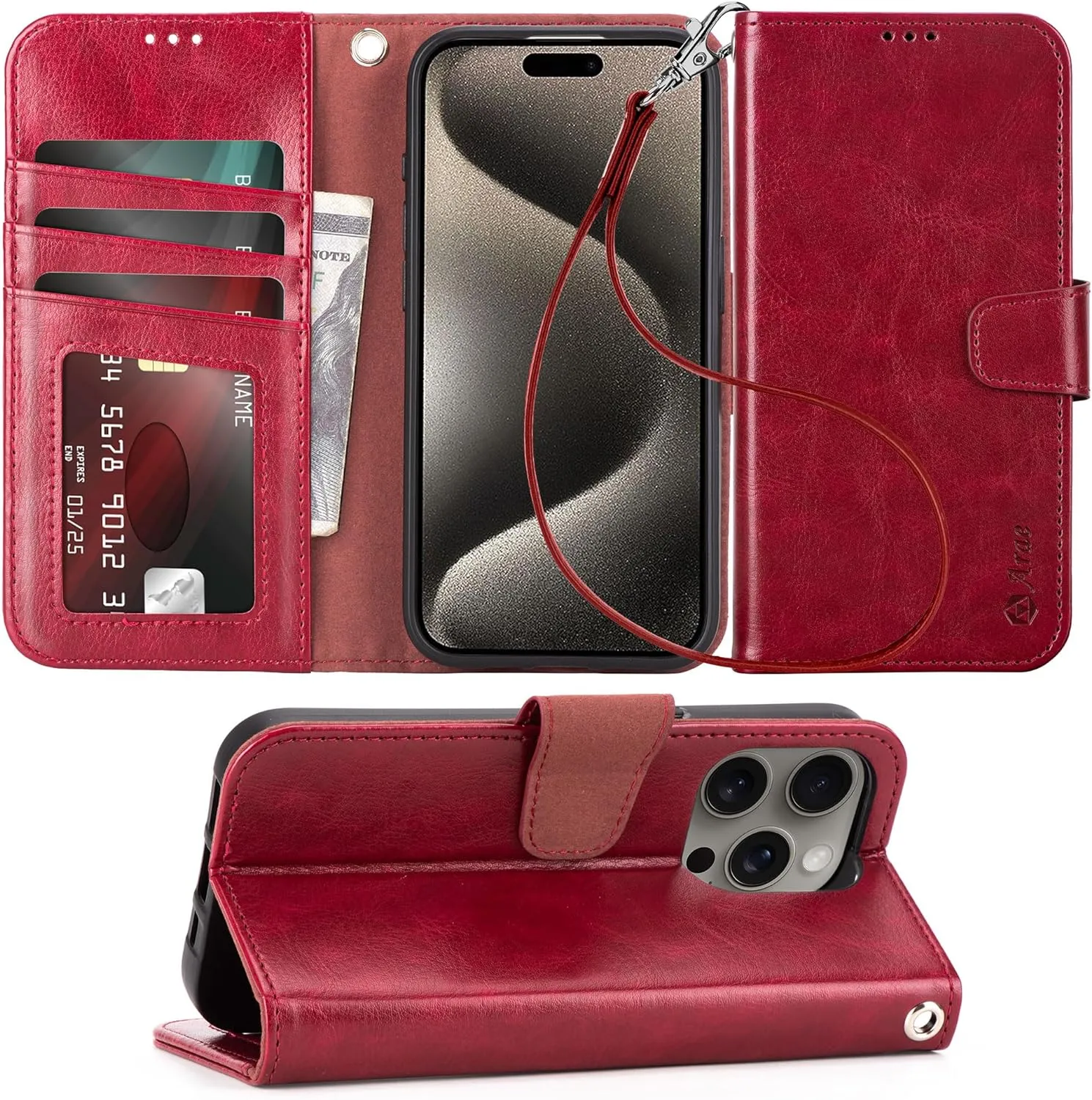 iPhone 15 Plus Case Card Holder  Wrist Strap Wallet Flip Cover