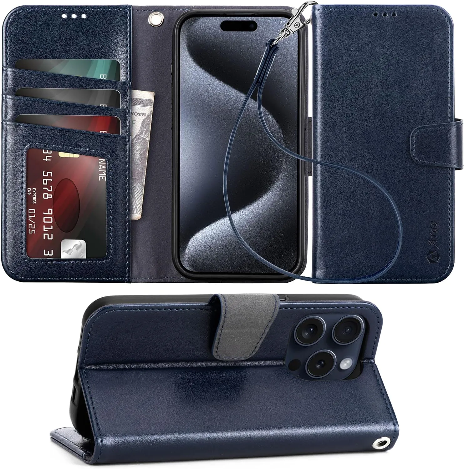 iPhone 15 Plus Case Card Holder  Wrist Strap Wallet Flip Cover