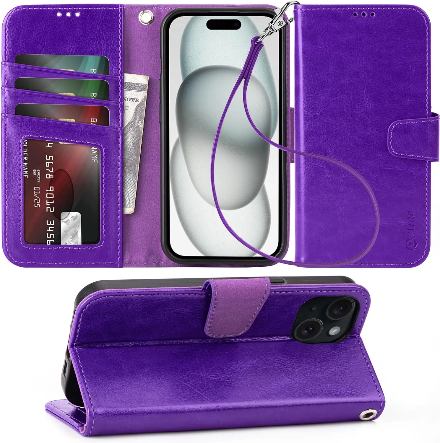 iPhone 15 Plus Case Card Holder  Wrist Strap Wallet Flip Cover