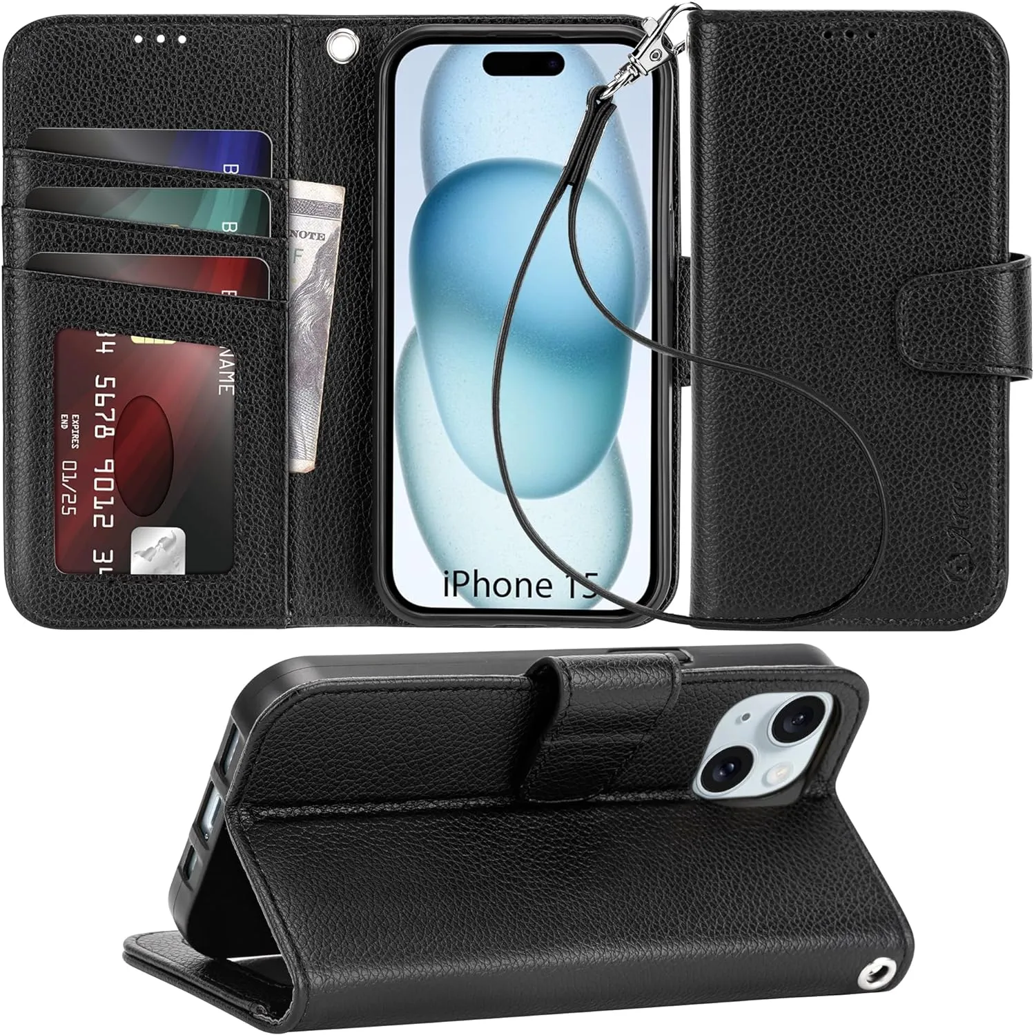 iPhone 15 Plus Case Card Holder  Wrist Strap Wallet Flip Cover