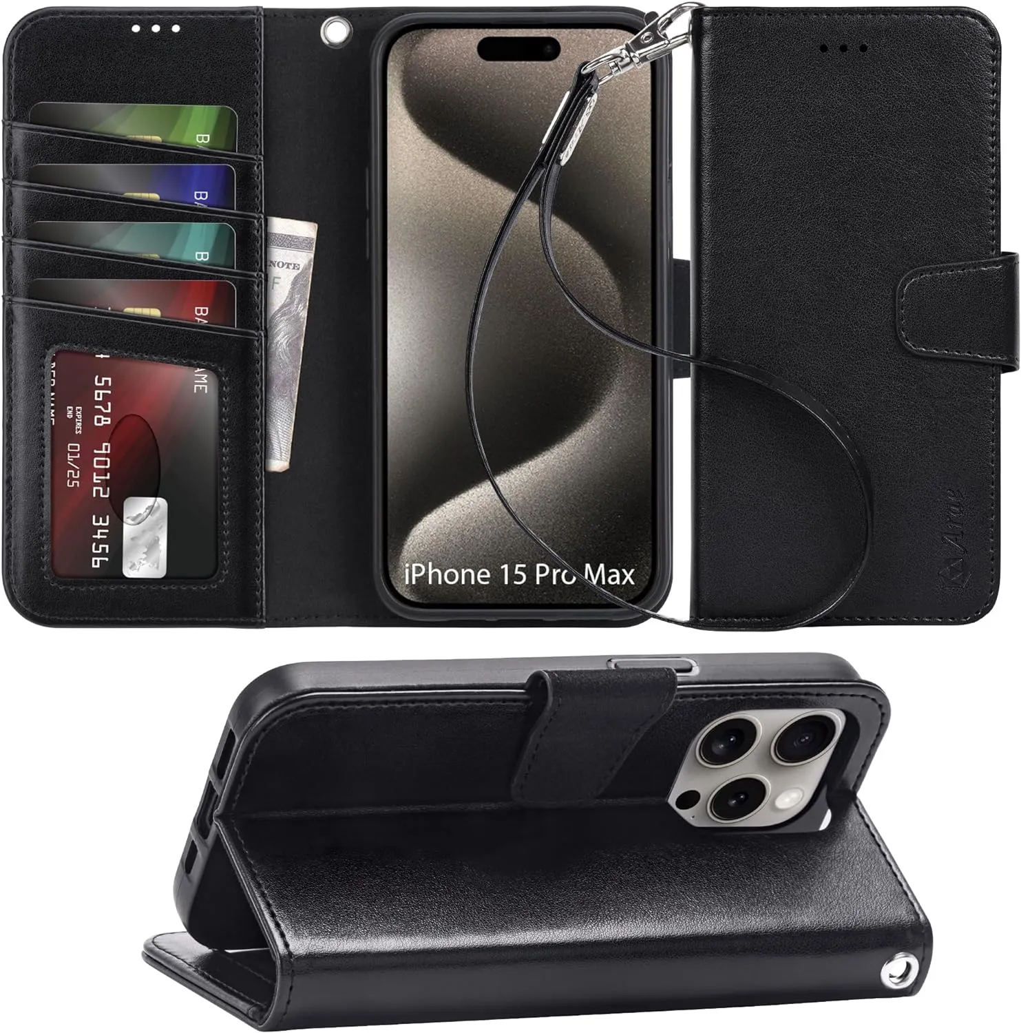 iPhone 15 Plus Case Card Holder  Wrist Strap Wallet Flip Cover