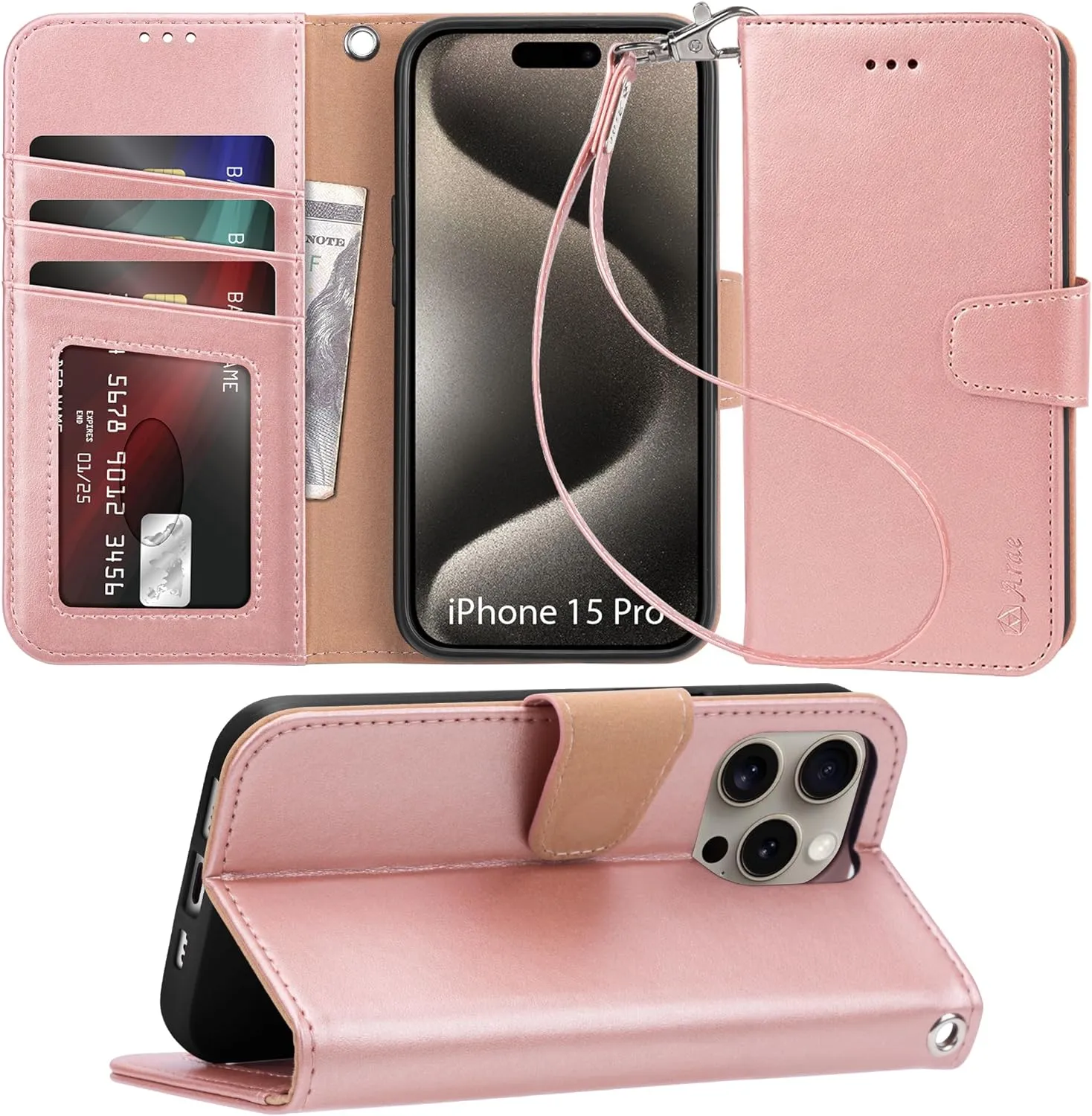 iPhone 15 Plus Case Card Holder  Wrist Strap Wallet Flip Cover