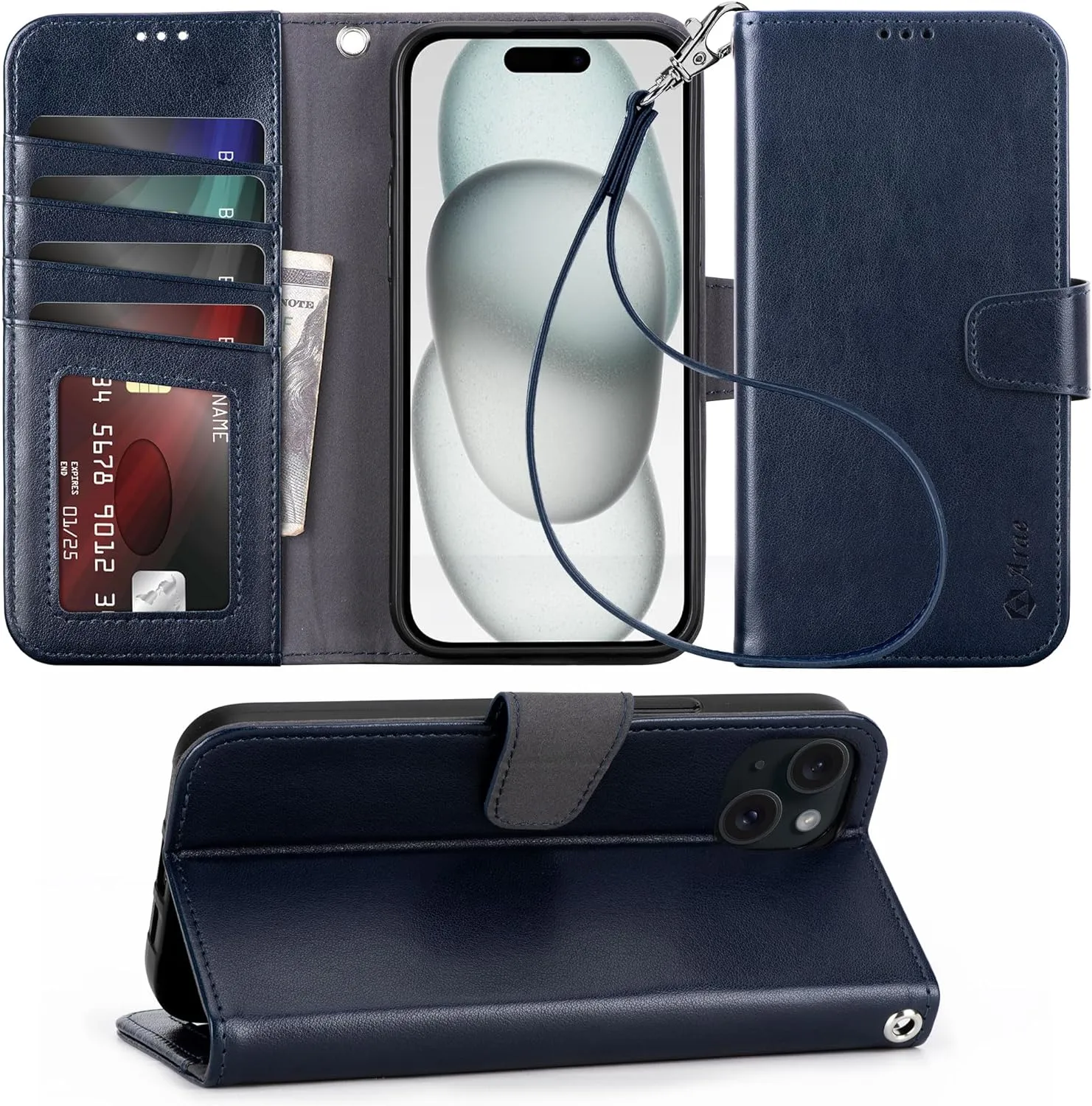 iPhone 15 Plus Case Card Holder  Wrist Strap Wallet Flip Cover