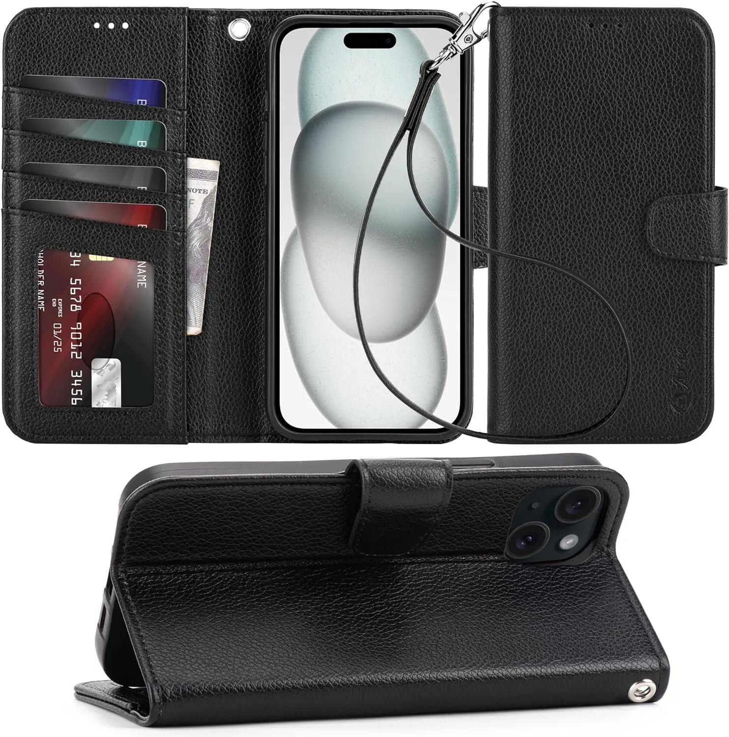 iPhone 15 Plus Case Card Holder  Wrist Strap Wallet Flip Cover