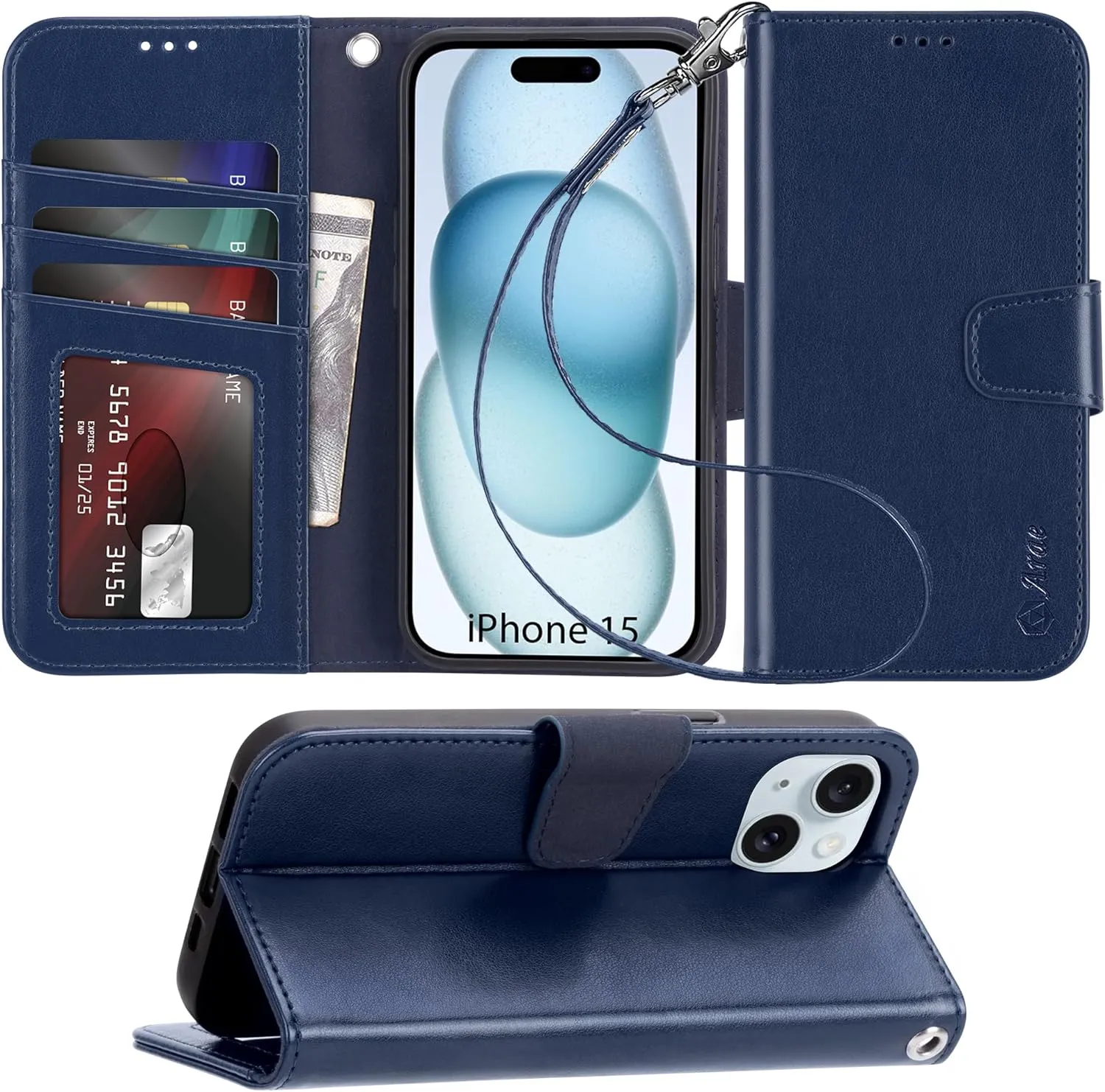 iPhone 15 Plus Case Card Holder  Wrist Strap Wallet Flip Cover