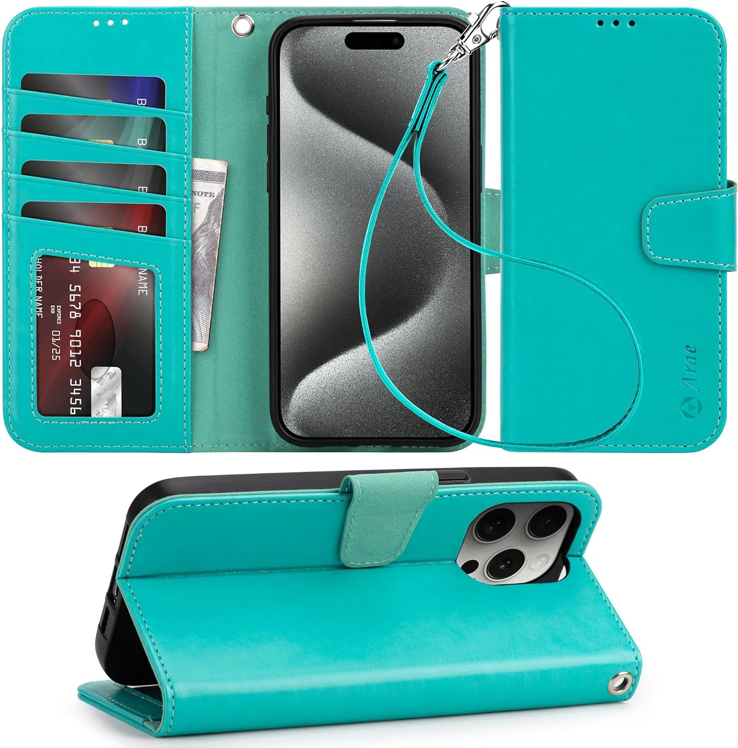 iPhone 15 Plus Case Card Holder  Wrist Strap Wallet Flip Cover