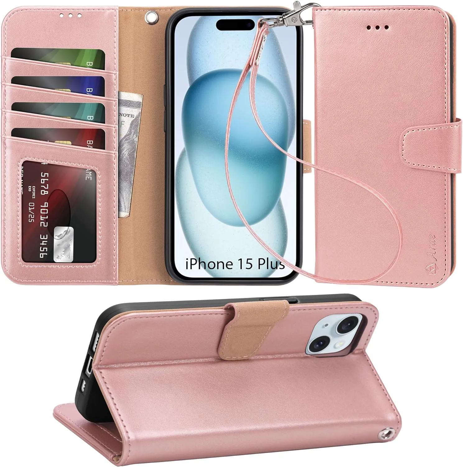 iPhone 15 Plus Case Card Holder  Wrist Strap Wallet Flip Cover