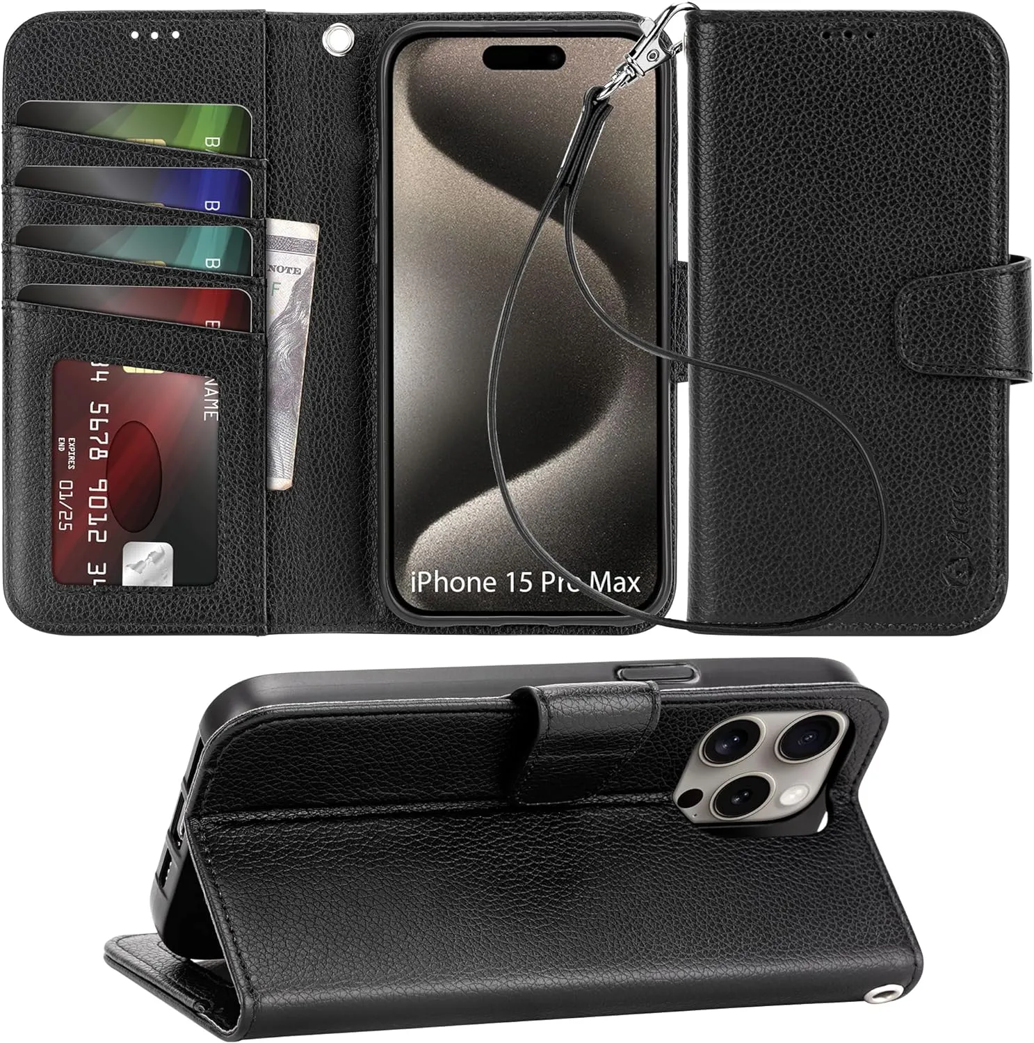 iPhone 15 Plus Case Card Holder  Wrist Strap Wallet Flip Cover