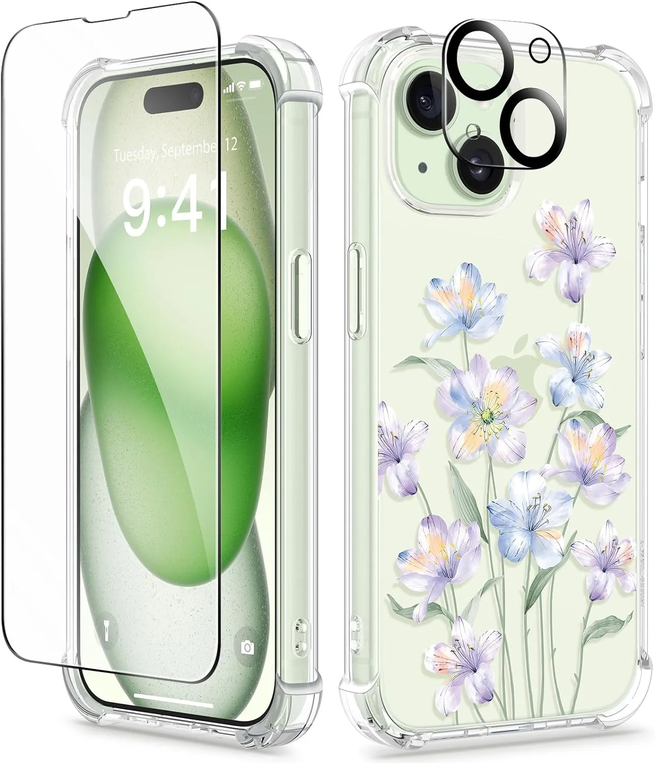 iPhone 15 Plus Case Screen Protector Camera Protector Clear Flower Phone Cover