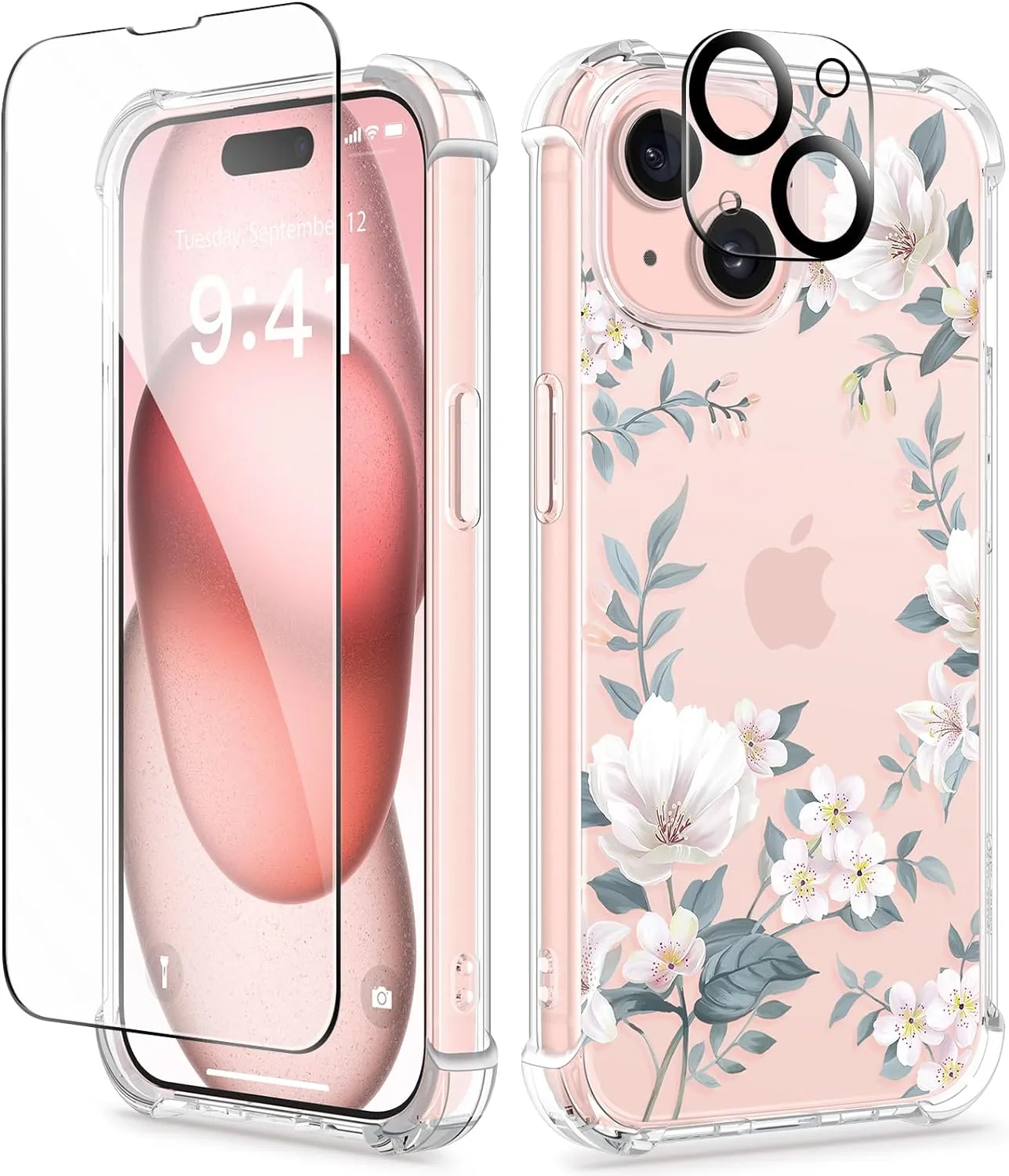 iPhone 15 Plus Case Screen Protector Camera Protector Clear Flower Phone Cover