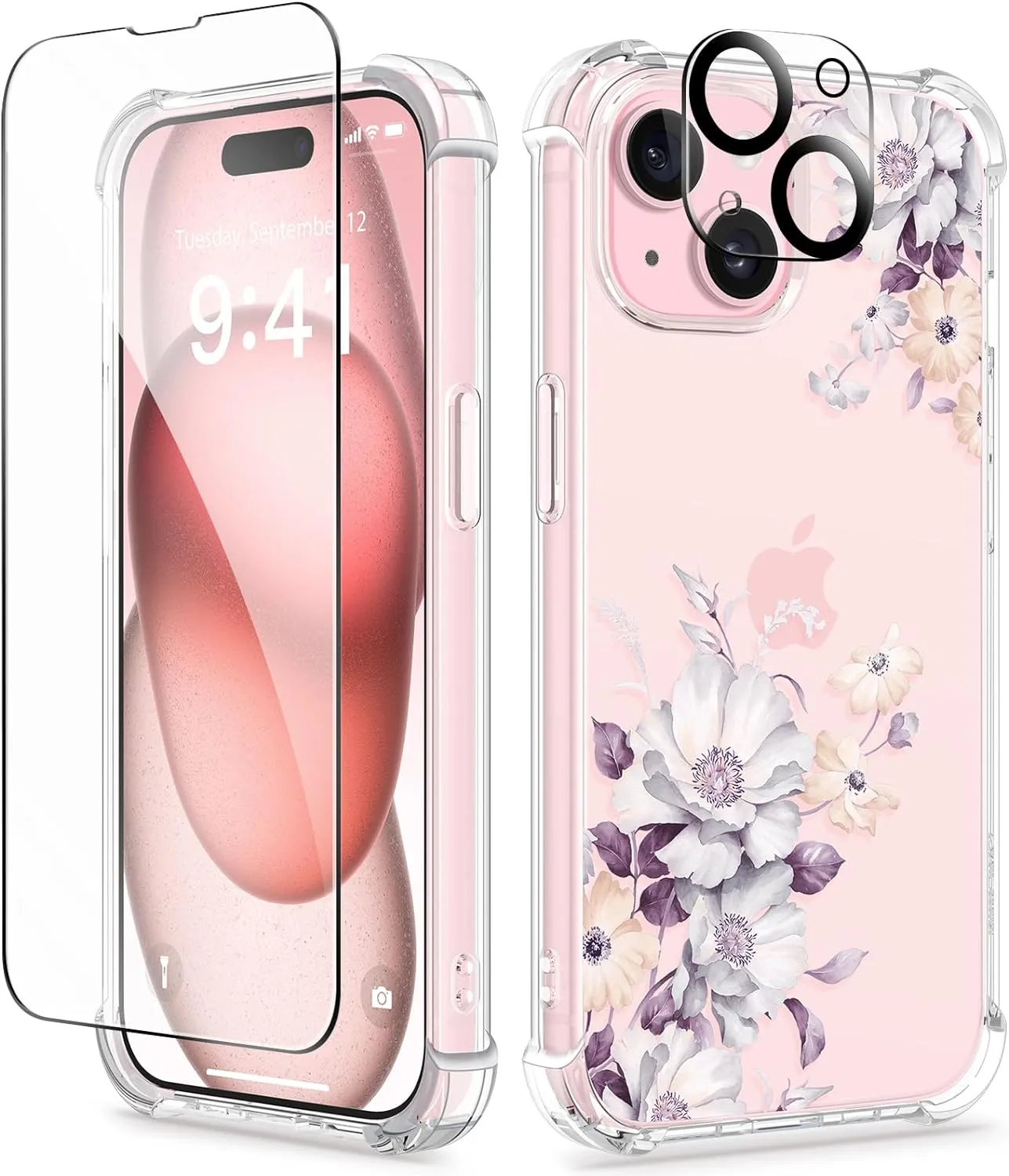 iPhone 15 Plus Case Screen Protector Camera Protector Clear Flower Phone Cover