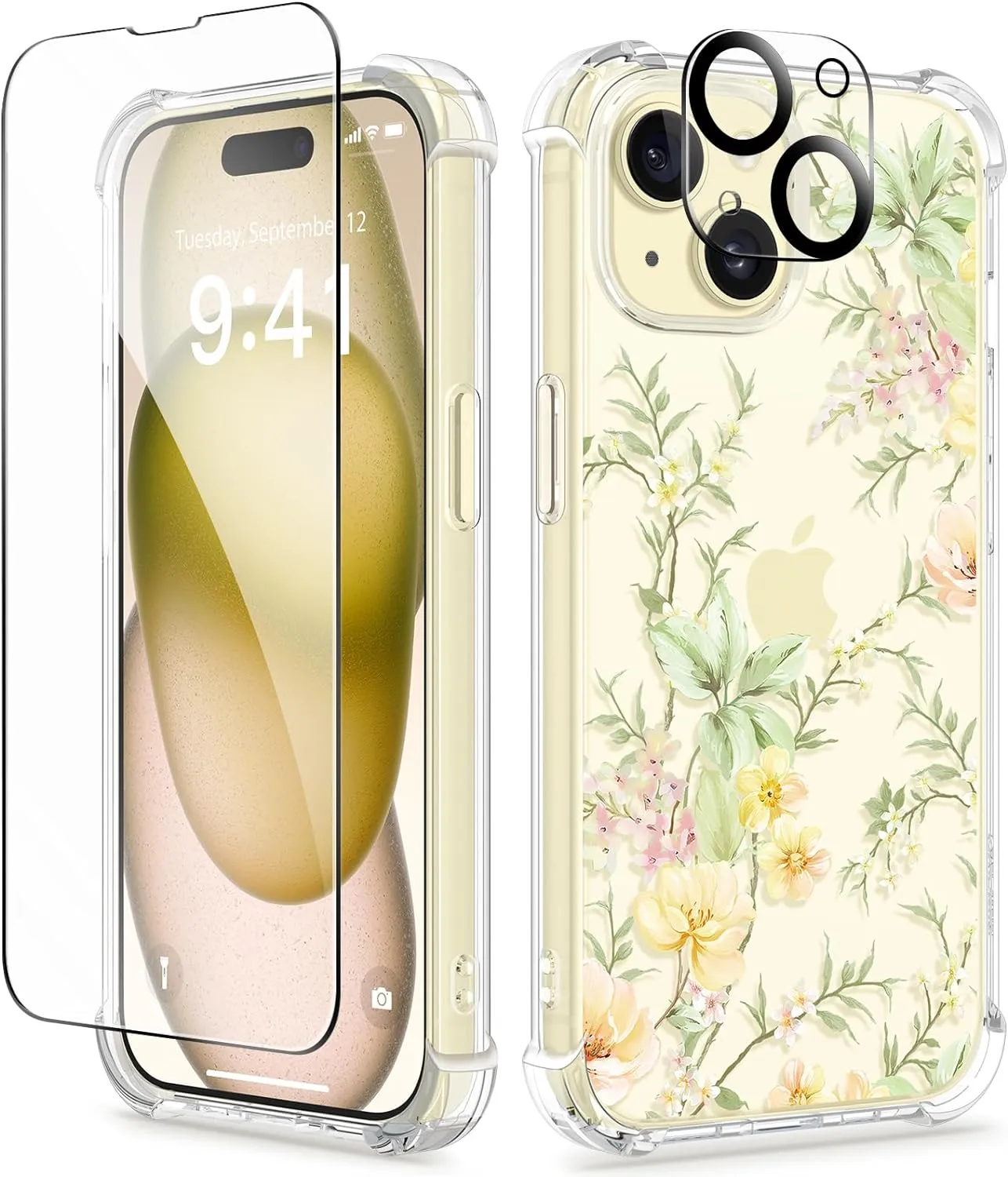 iPhone 15 Plus Case Screen Protector Camera Protector Clear Flower Phone Cover