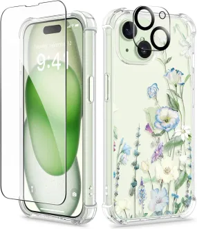 iPhone 15 Plus Case Screen Protector Camera Protector Clear Flower Phone Cover