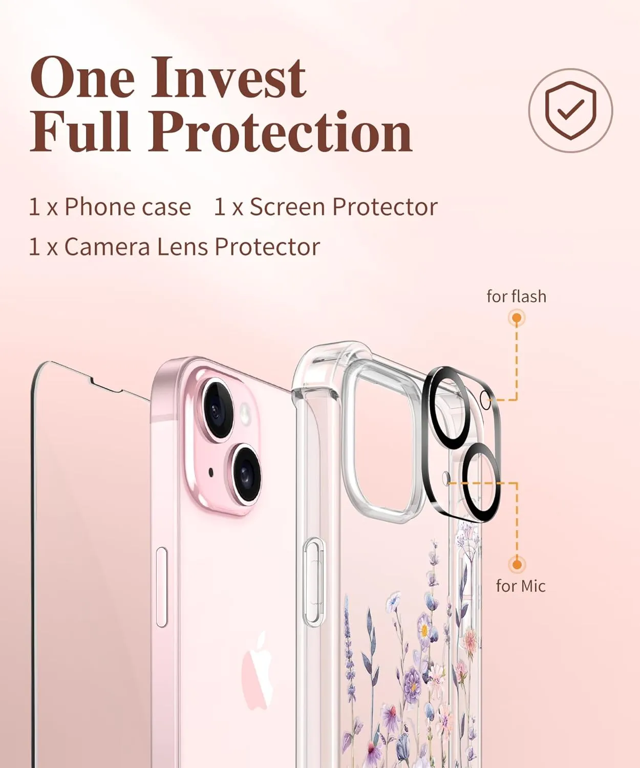 iPhone 15 Plus Case Screen Protector Camera Protector Clear Flower Phone Cover