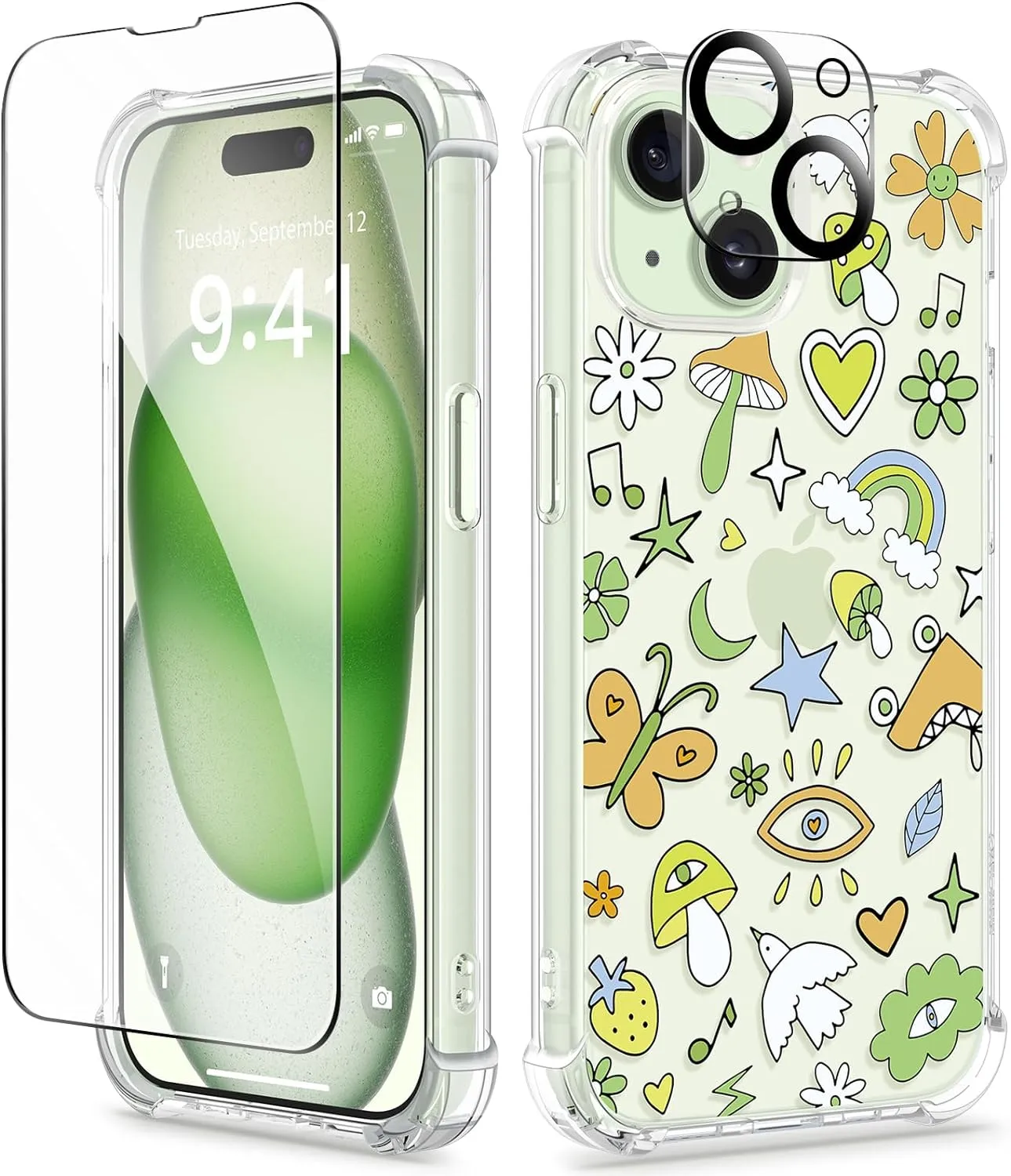 iPhone 15 Plus Case Screen Protector Camera Protector Clear Flower Phone Cover