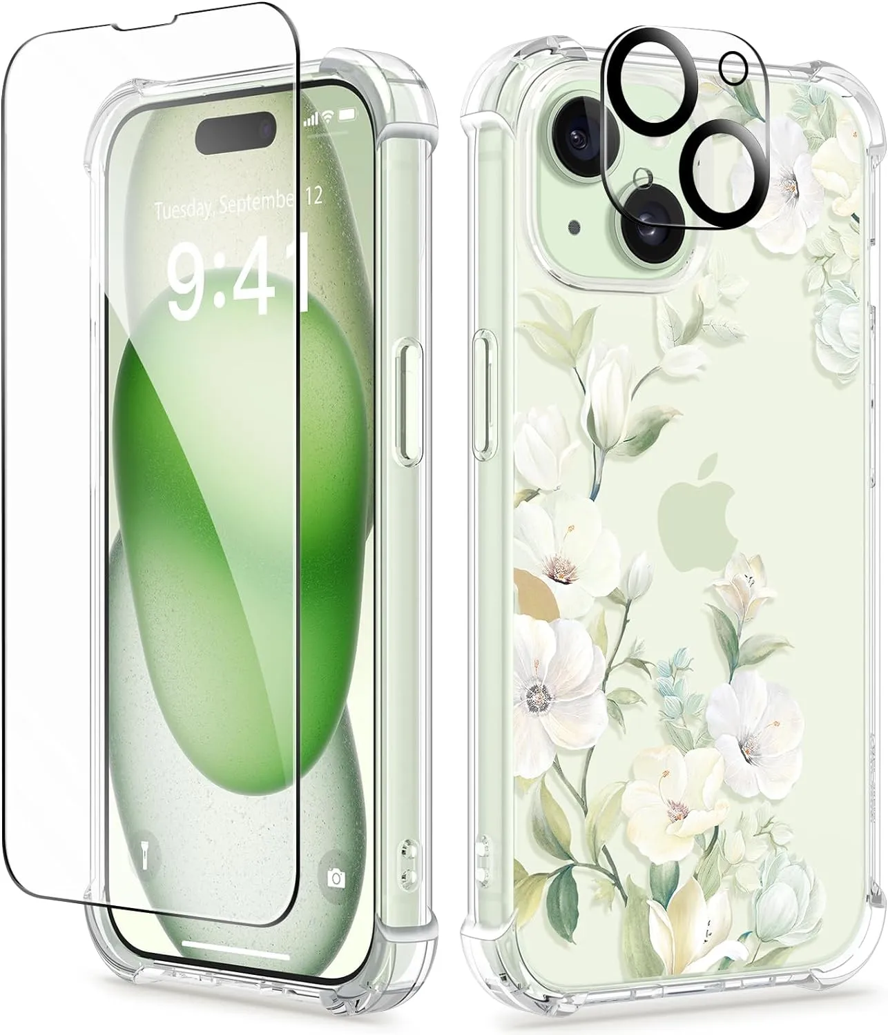 iPhone 15 Plus Case Screen Protector Camera Protector Clear Flower Phone Cover