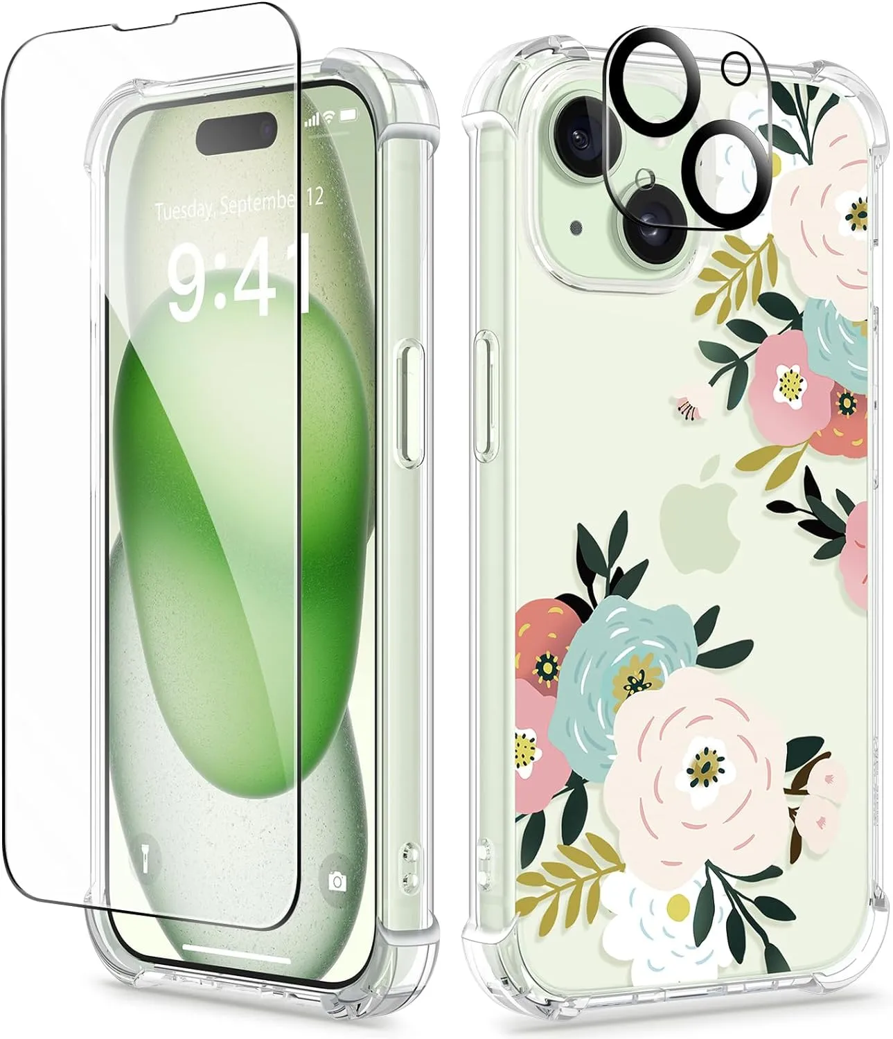 iPhone 15 Plus Case Screen Protector Camera Protector Clear Flower Phone Cover