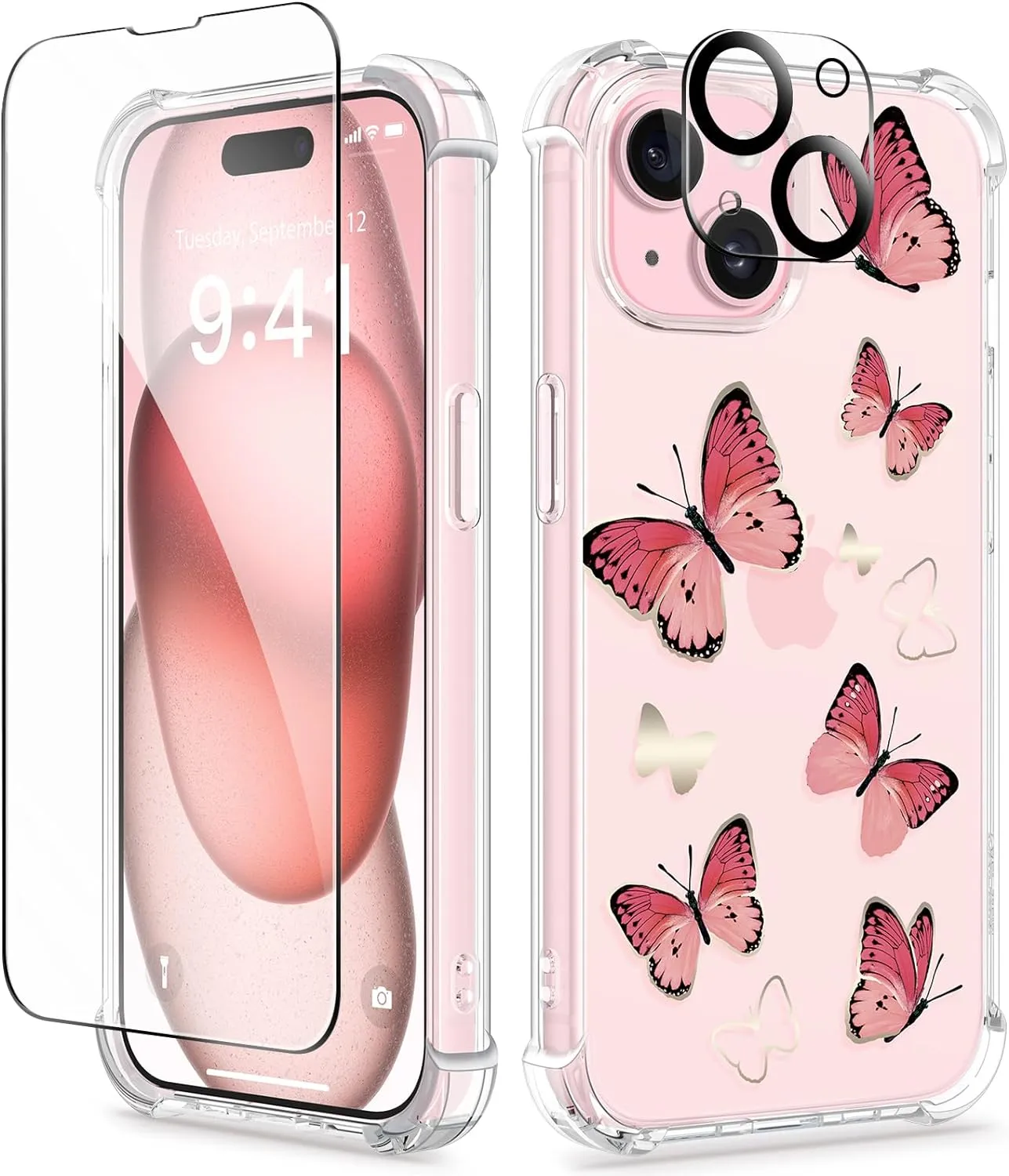 iPhone 15 Plus Case Screen Protector Camera Protector Clear Flower Phone Cover