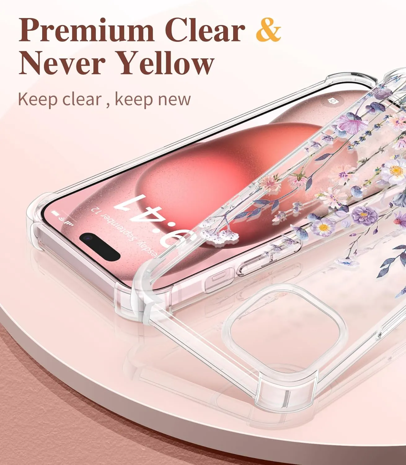 iPhone 15 Plus Case Screen Protector Camera Protector Clear Flower Phone Cover