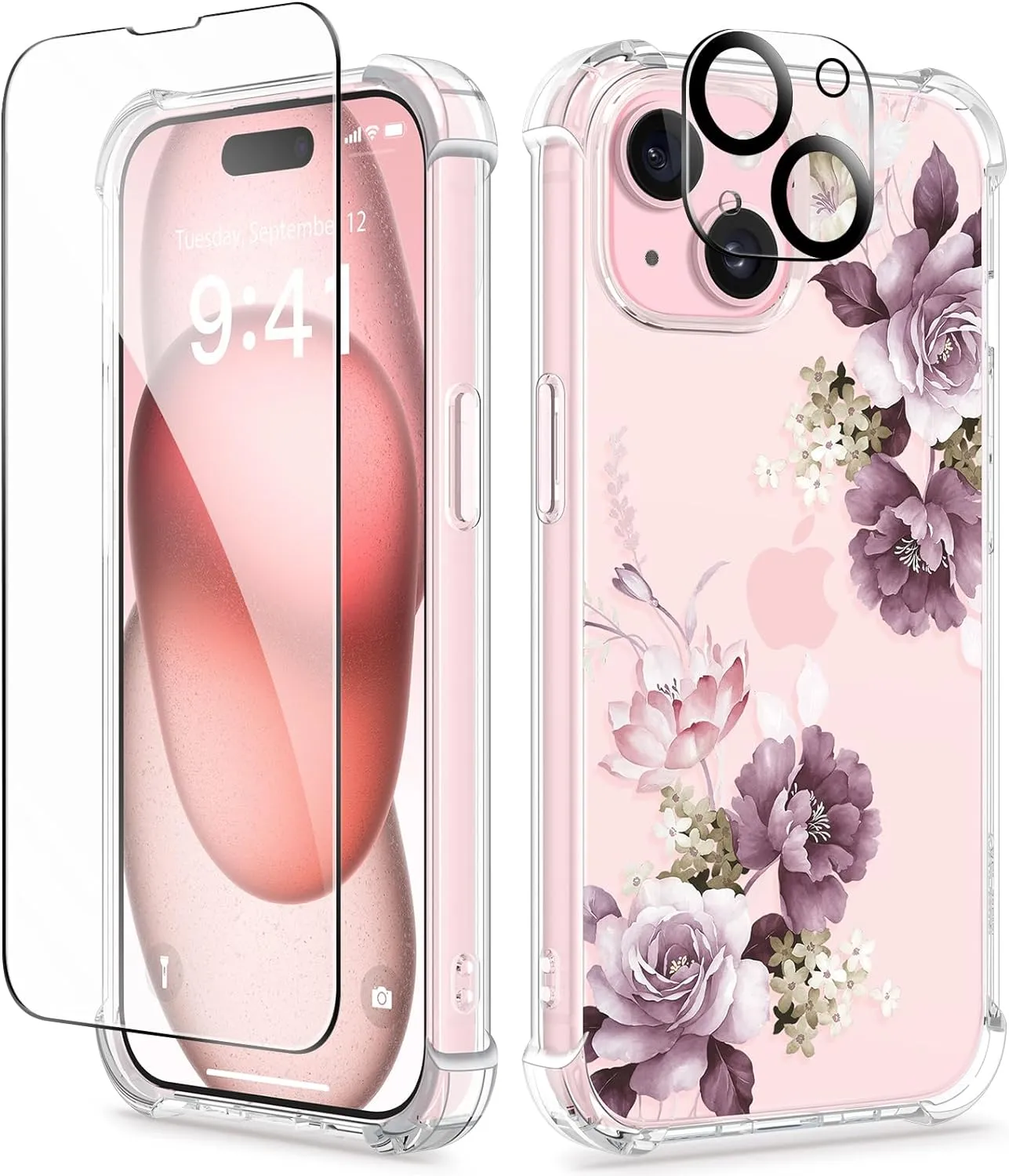 iPhone 15 Plus Case Screen Protector Camera Protector Clear Flower Phone Cover