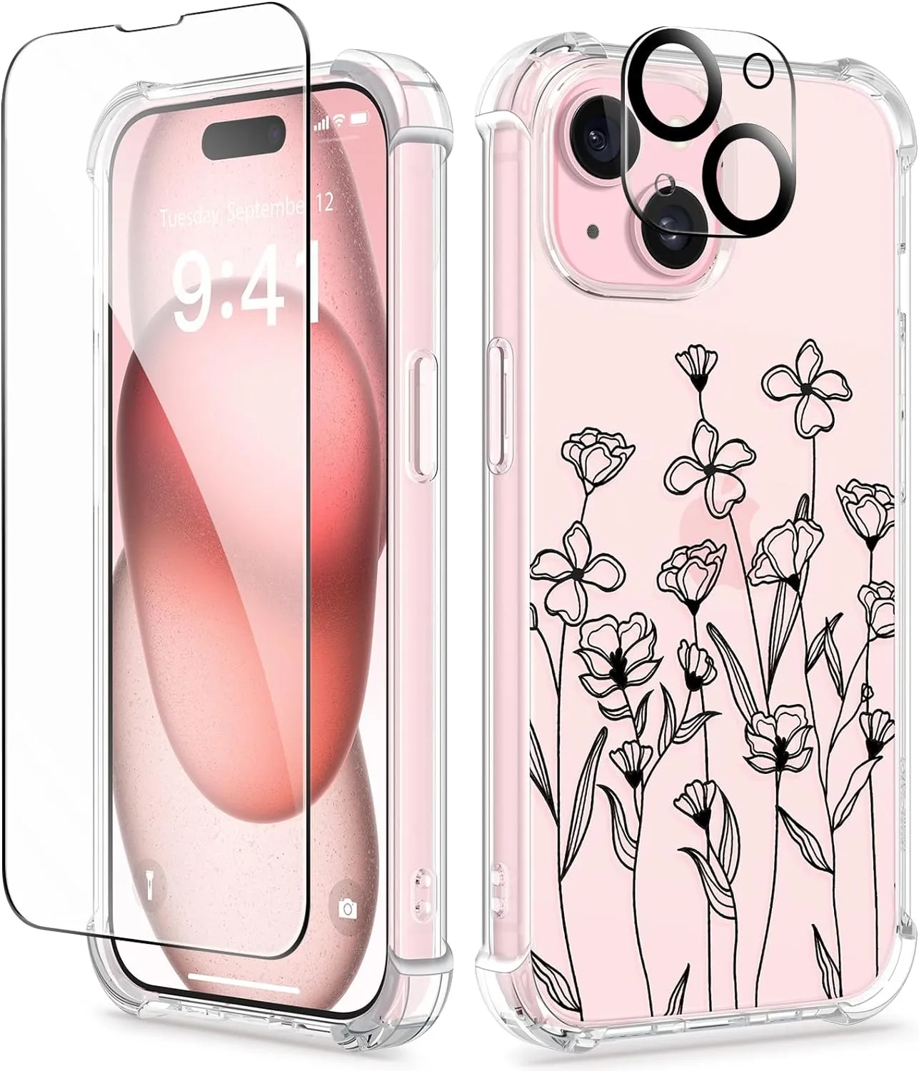 iPhone 15 Plus Case Screen Protector Camera Protector Clear Flower Phone Cover