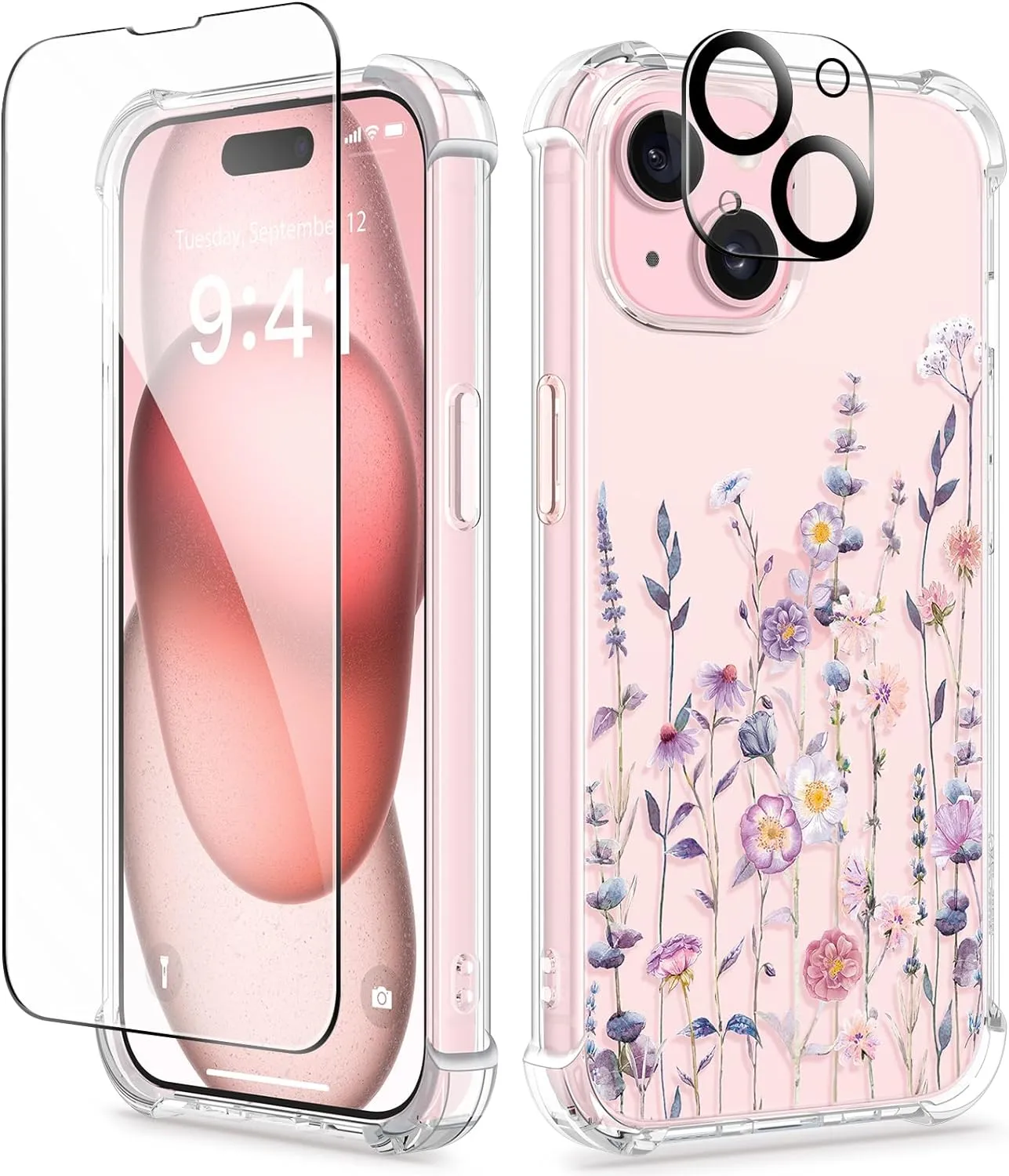 iPhone 15 Plus Case Screen Protector Camera Protector Clear Flower Phone Cover