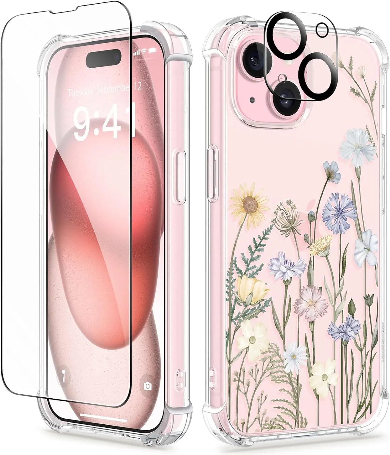 iPhone 15 Plus Case Screen Protector Camera Protector Clear Flower Phone Cover