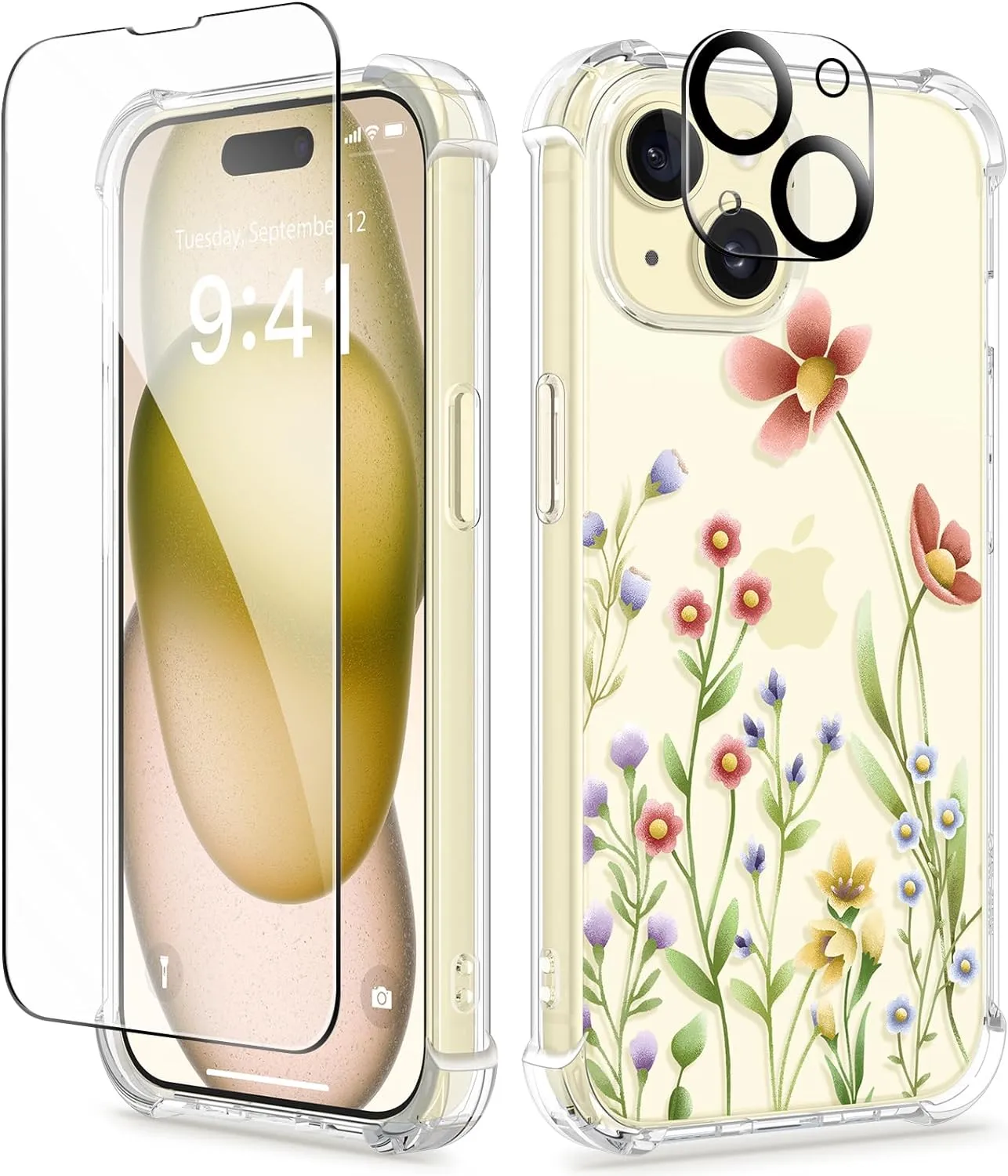 iPhone 15 Plus Case Screen Protector Camera Protector Clear Flower Phone Cover