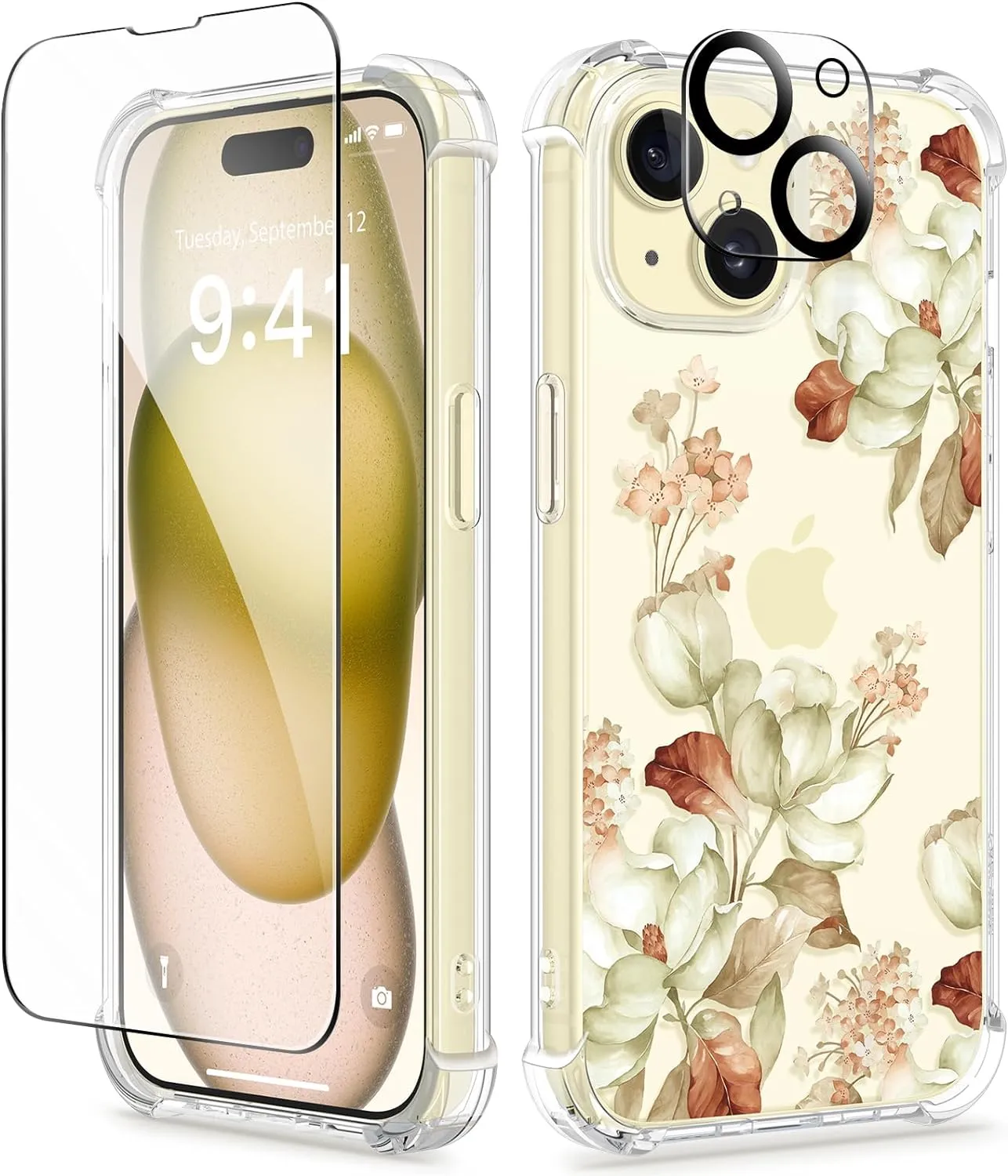 iPhone 15 Plus Case Screen Protector Camera Protector Clear Flower Phone Cover