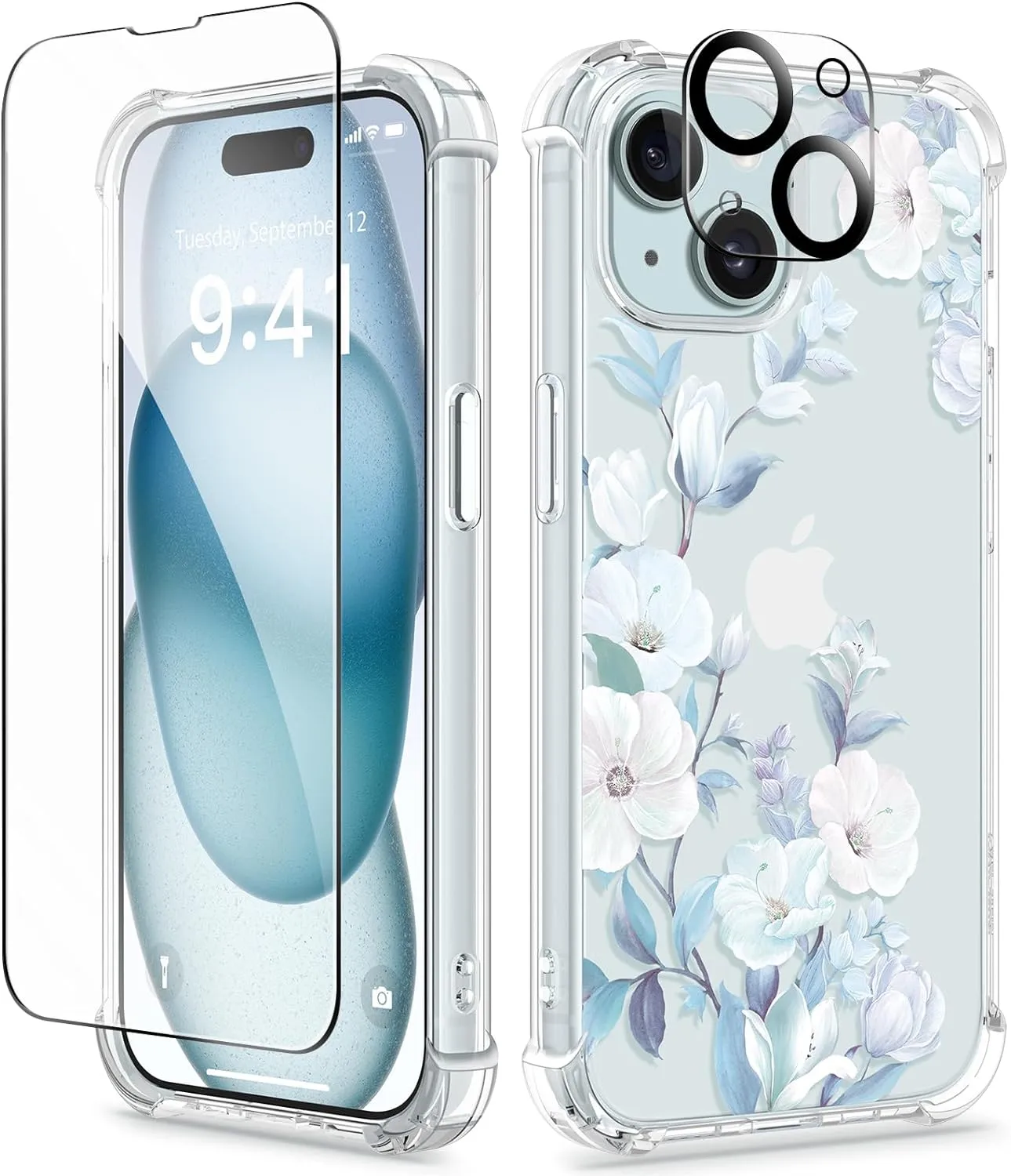 iPhone 15 Plus Case Screen Protector Camera Protector Clear Flower Phone Cover