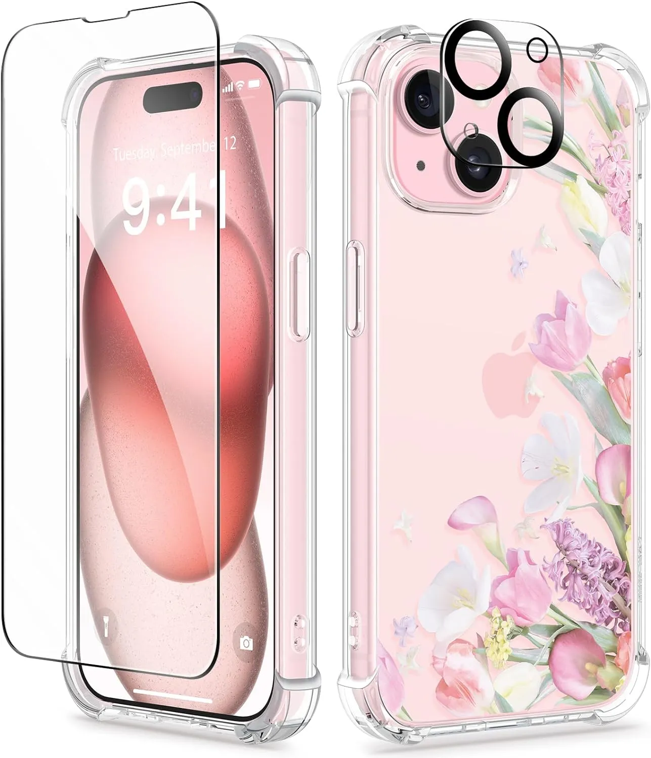 iPhone 15 Plus Case Screen Protector Camera Protector Clear Flower Phone Cover