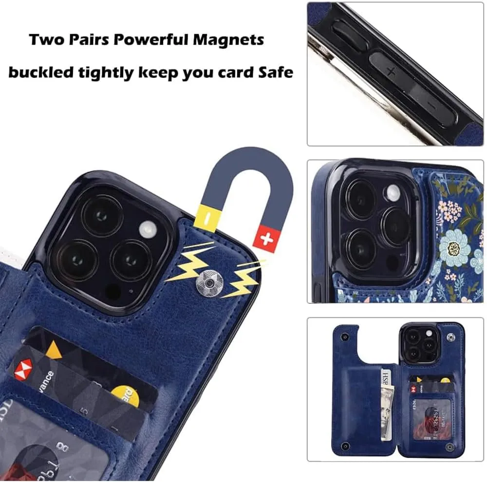 iPhone 15 Pro Leather Kickstand Double Magnetic Clasp RFID Blocking Design Cover 6.1 Inch