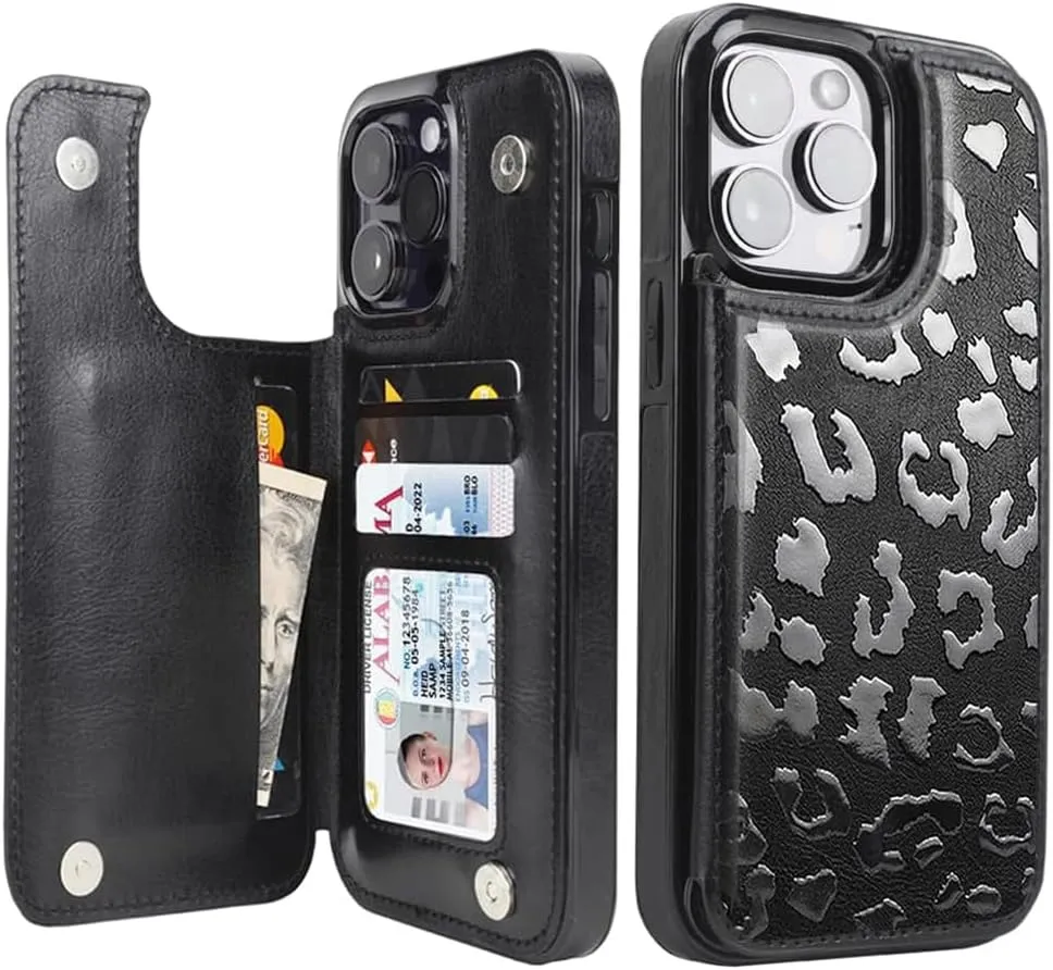 iPhone 15 Pro Leather Kickstand Double Magnetic Clasp RFID Blocking Design Cover 6.1 Inch