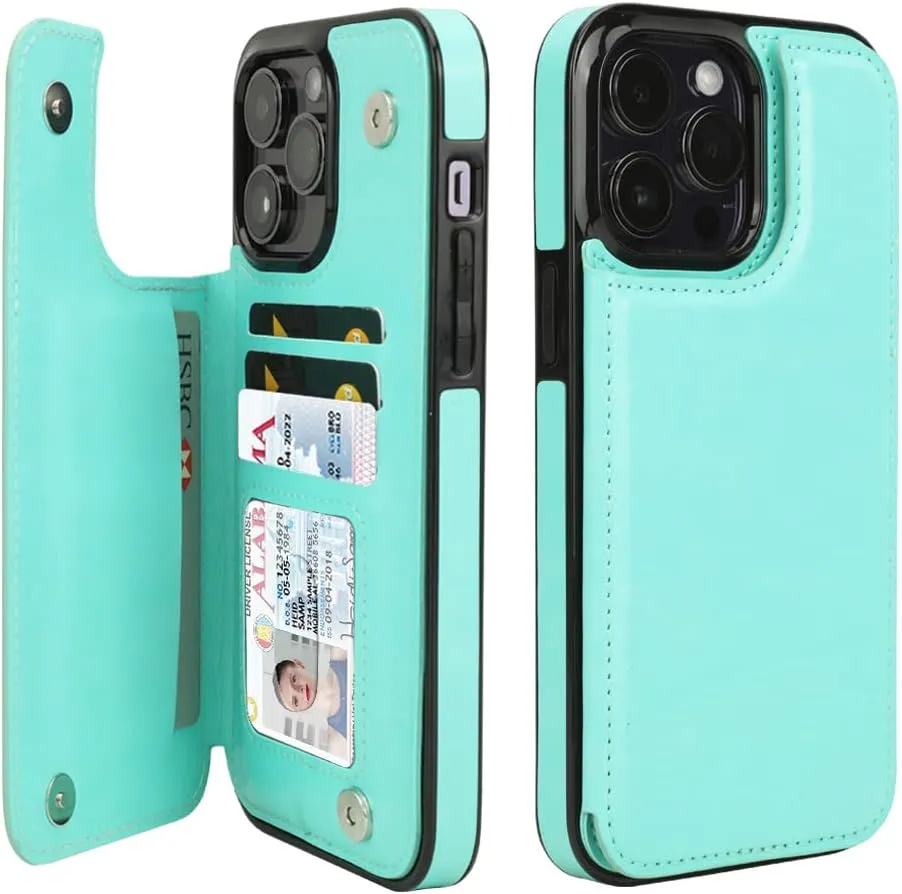 iPhone 15 Pro Leather Kickstand Double Magnetic Clasp RFID Blocking Design Cover 6.1 Inch