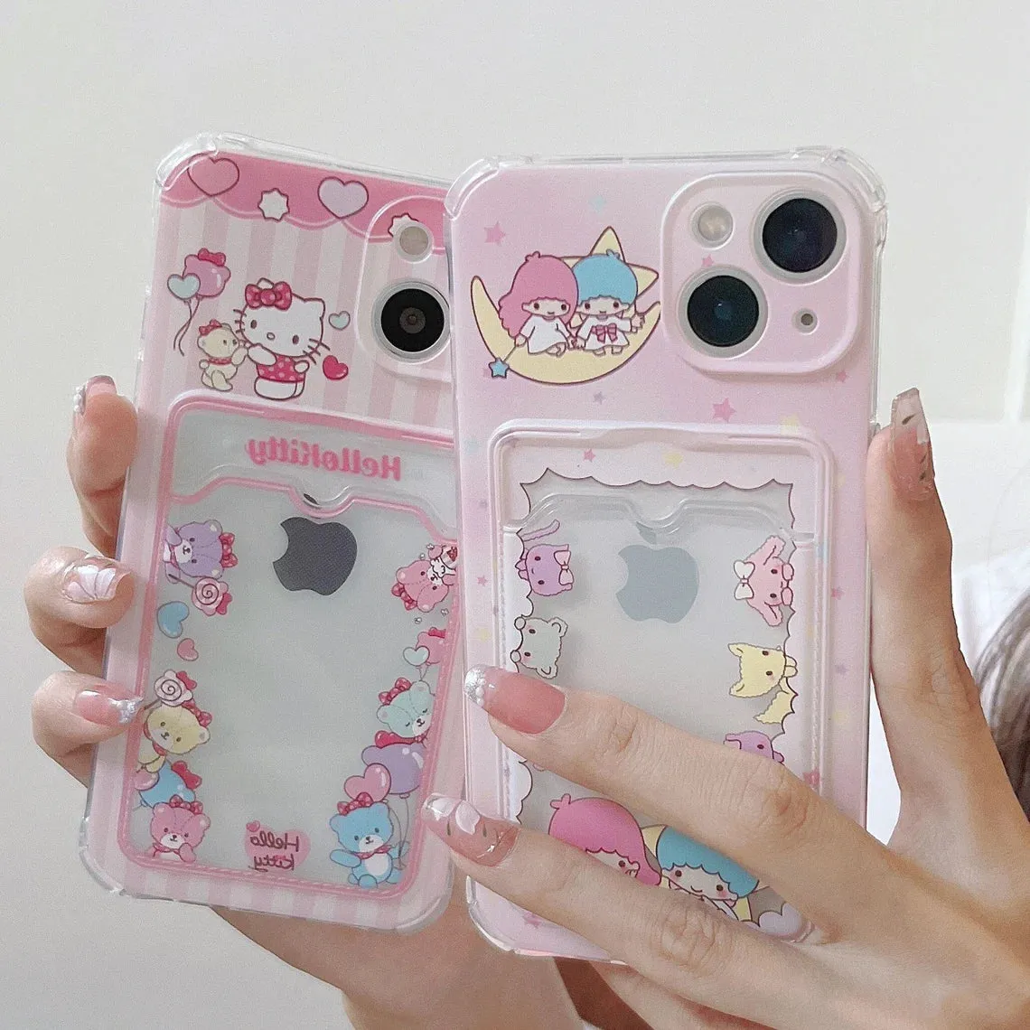 Japanese Cartoon KT with Bears Little Twin Stars with friends Pink Card Photo Holder iPhone Case 7 8 PLUS X 11 12 13 14 15 Pro Promax