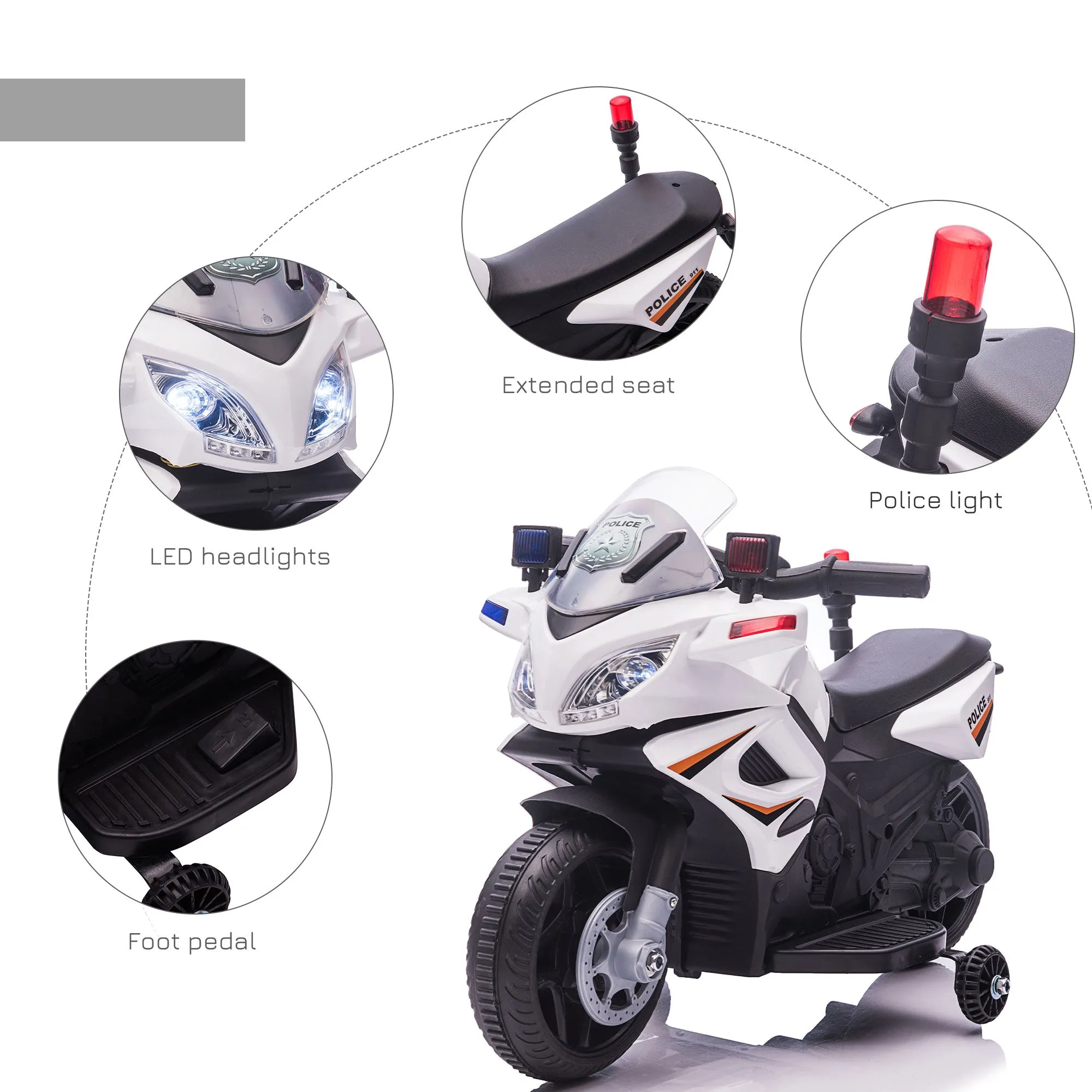 Kids 6V Electric Ride On Motorcycle Police Car Vehicle w/ Lights Horn Realistic Sound Outdoor Play Toy for 18 - 36 months White