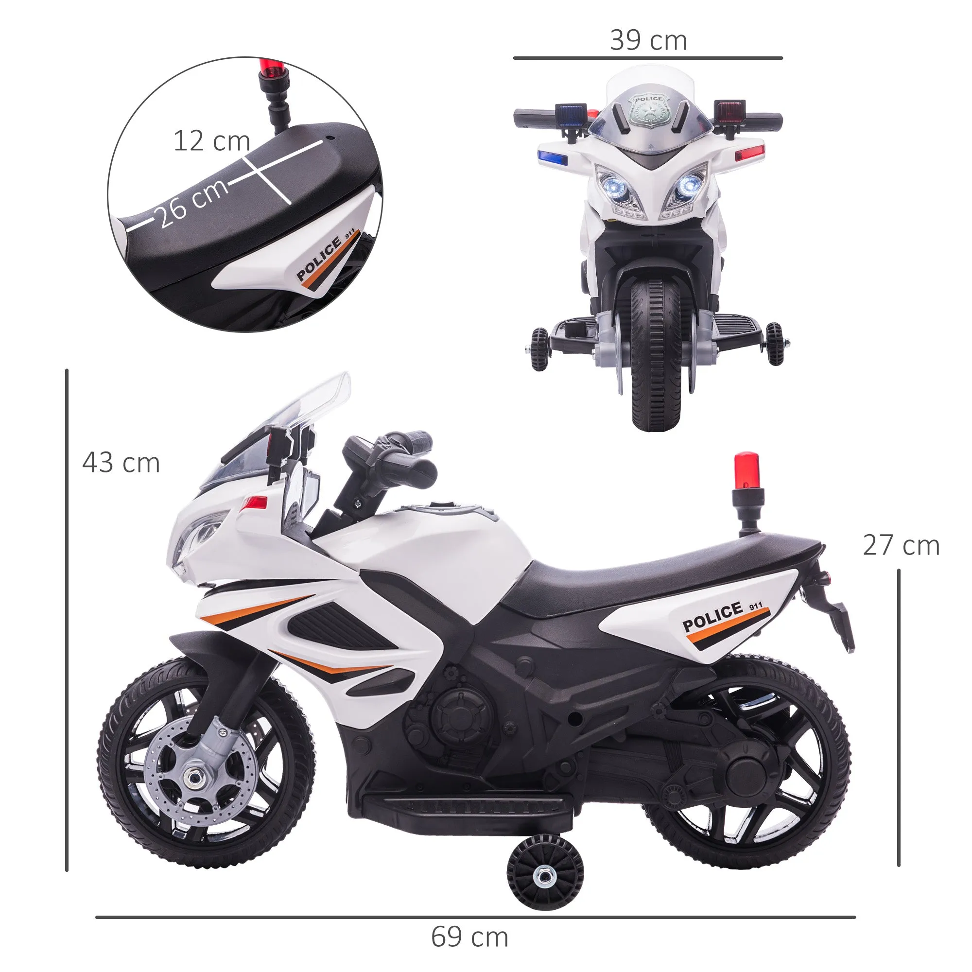 Kids 6V Electric Ride On Motorcycle Police Car Vehicle w/ Lights Horn Realistic Sound Outdoor Play Toy for 18 - 36 months White