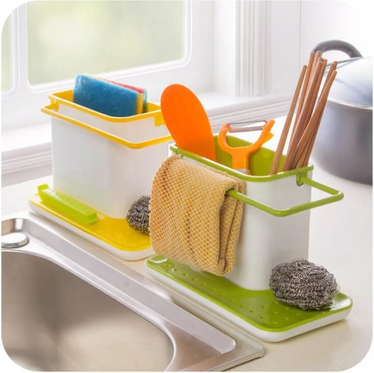 Kitchen Sink Organiser 3 in1 Plastic Storage Cutlery Rack Green and White