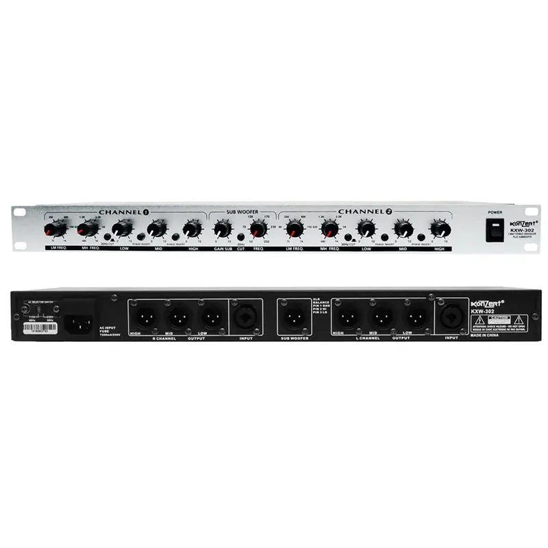 Konzert KXW-302 3-Way Stereo Crossover Equalizer with Sub Out Low / Mid / High Output Subwoofer Level Controls and XLR & TRS Output