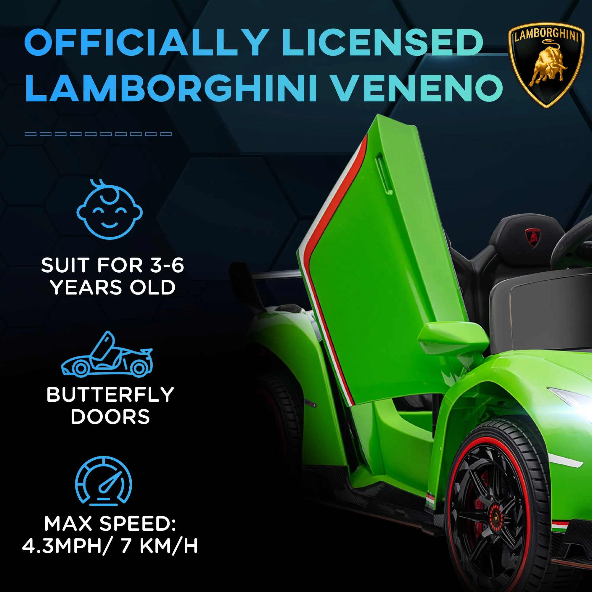 Lamborghini Veneno Licensed 12V Kids Electric Ride on Car w/ Butterfly Doors, Portable Battery, Powered Electric Car w/ Bluetooth, Green