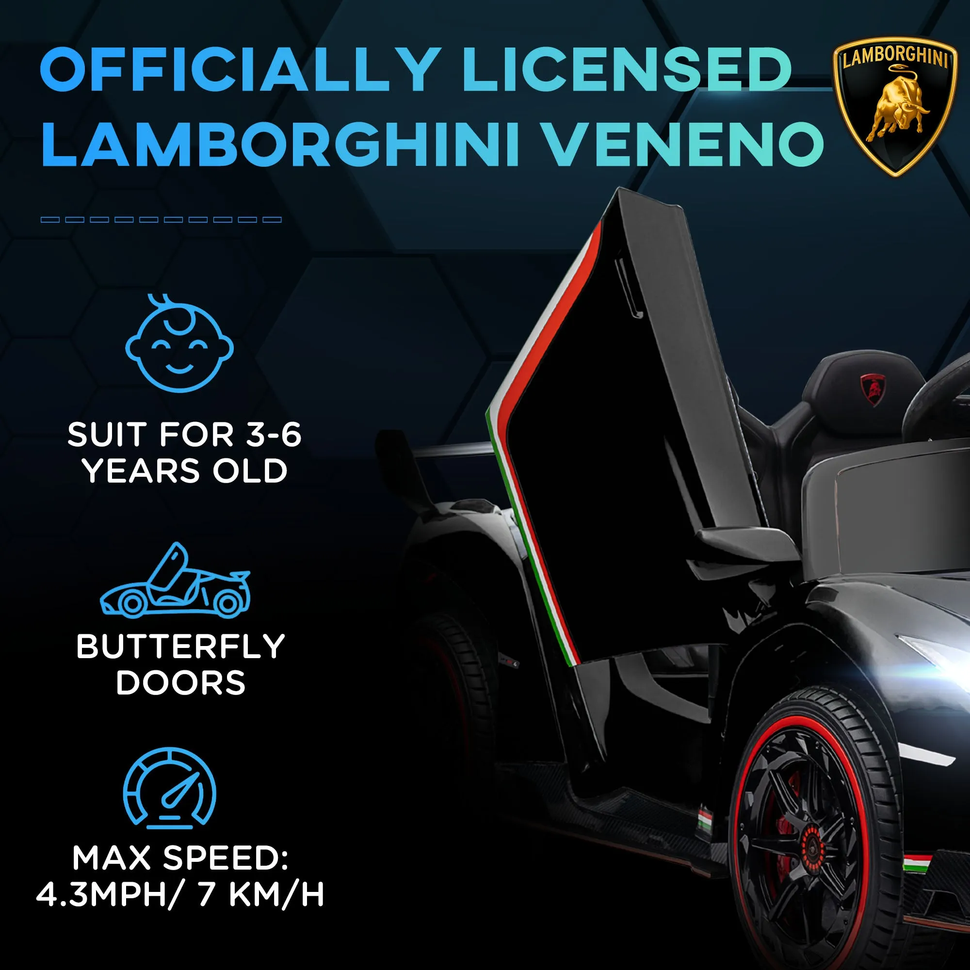 Lamborghini Veneno Licensed 12V Kids Electric Ride on Car w/ Portable Battery, Powered Electric Car w/ Bluetooth, Remote, for Aged 3-6, Black